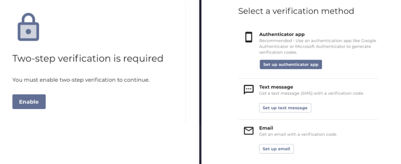 MFA enable two-step verification and configuration pages