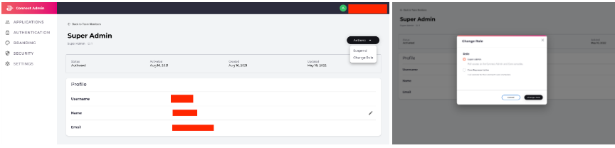 Team member change role actions dropdown and configuration page