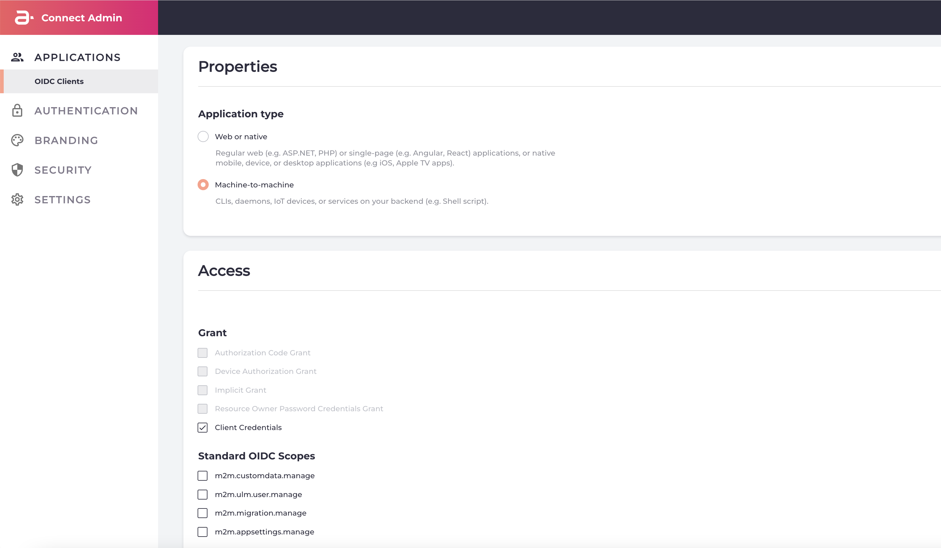 Machine-to-machine client application configuration page