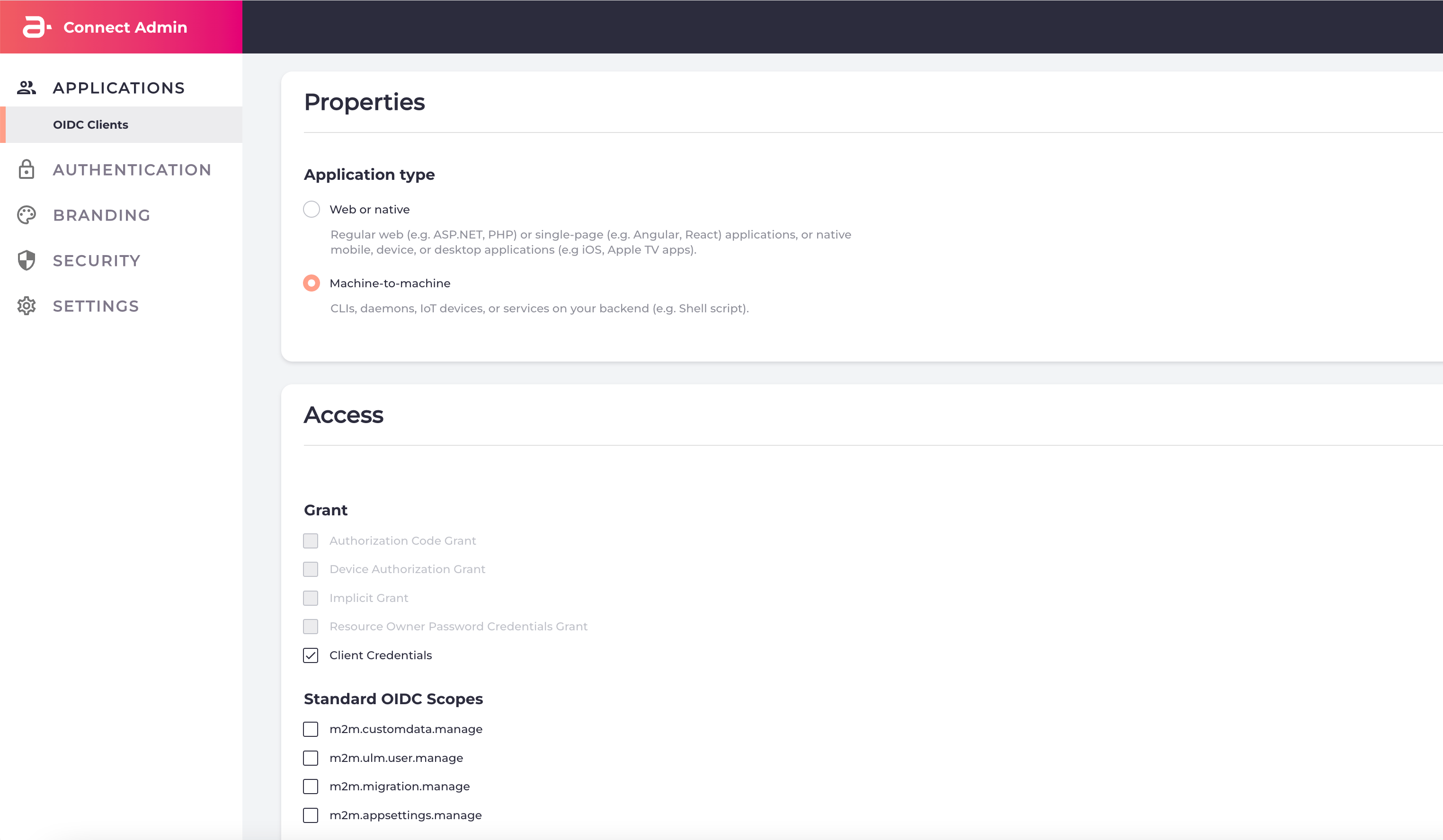 Machine-to-machine client application configuration page