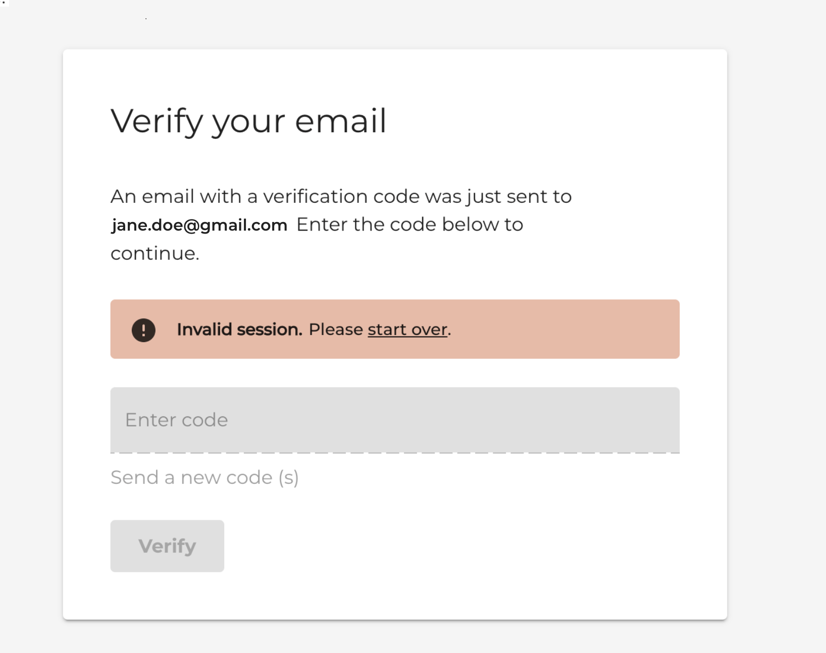 Invalid session error message