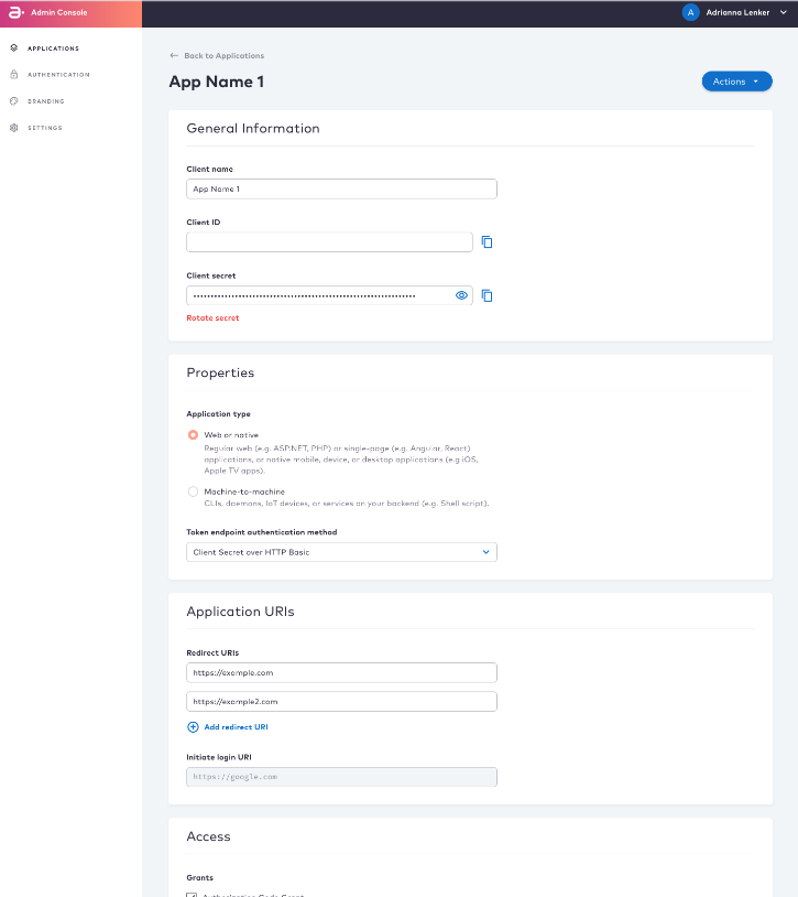 OIDC Client Application Profile Page