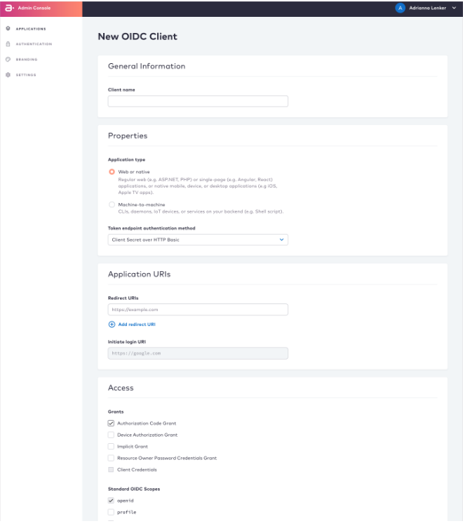 OIDC Client Configuration Page