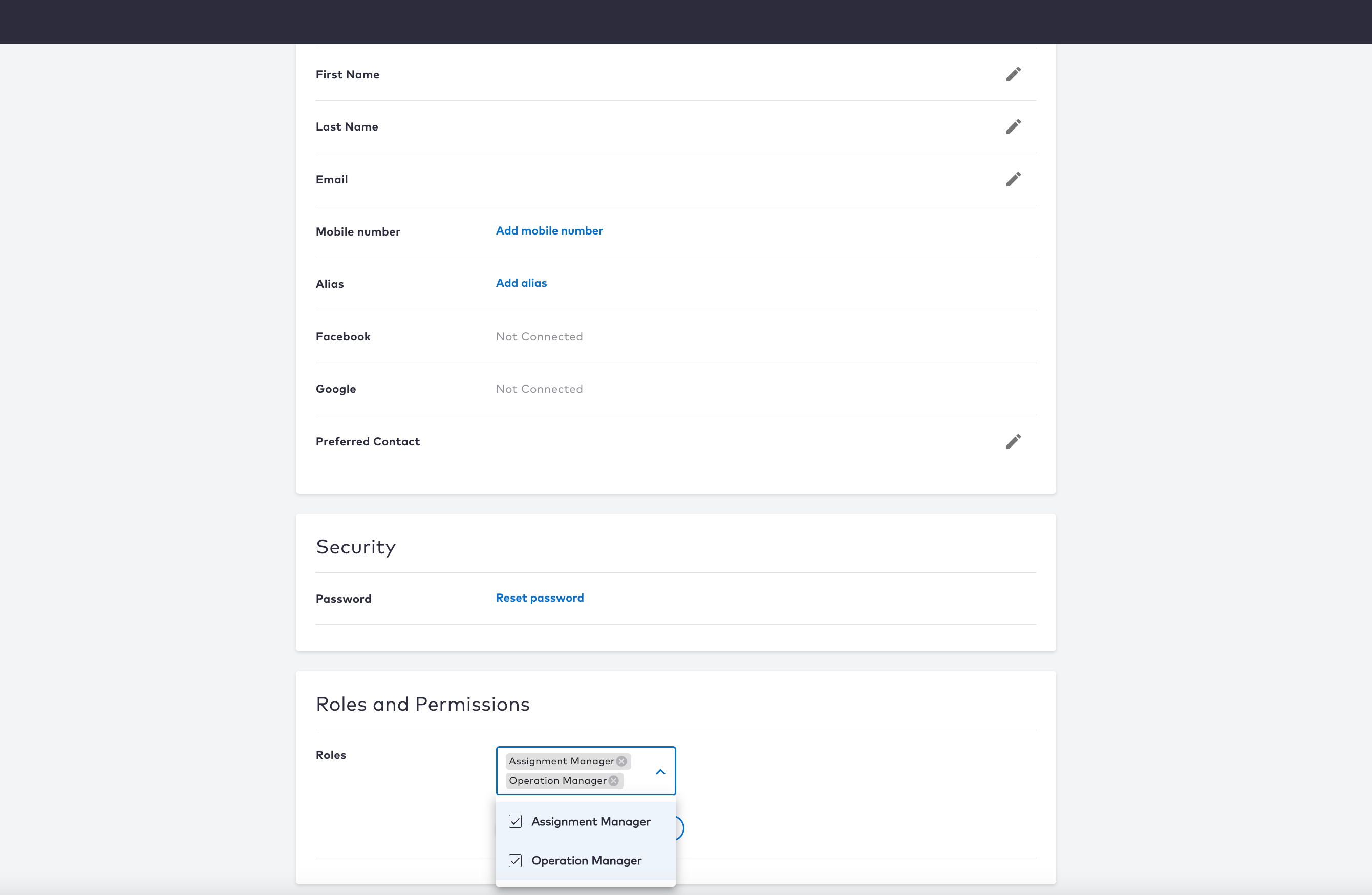 Care console roles assignment page