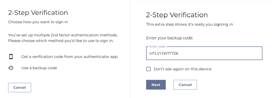 2-Step verfication prompts with back up code