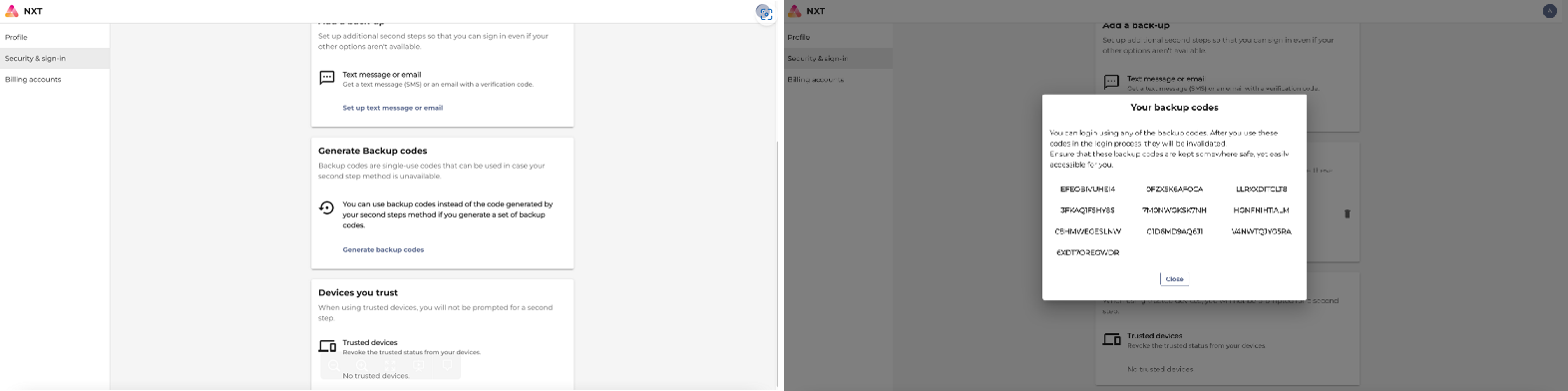 Identity app generate backup code pages