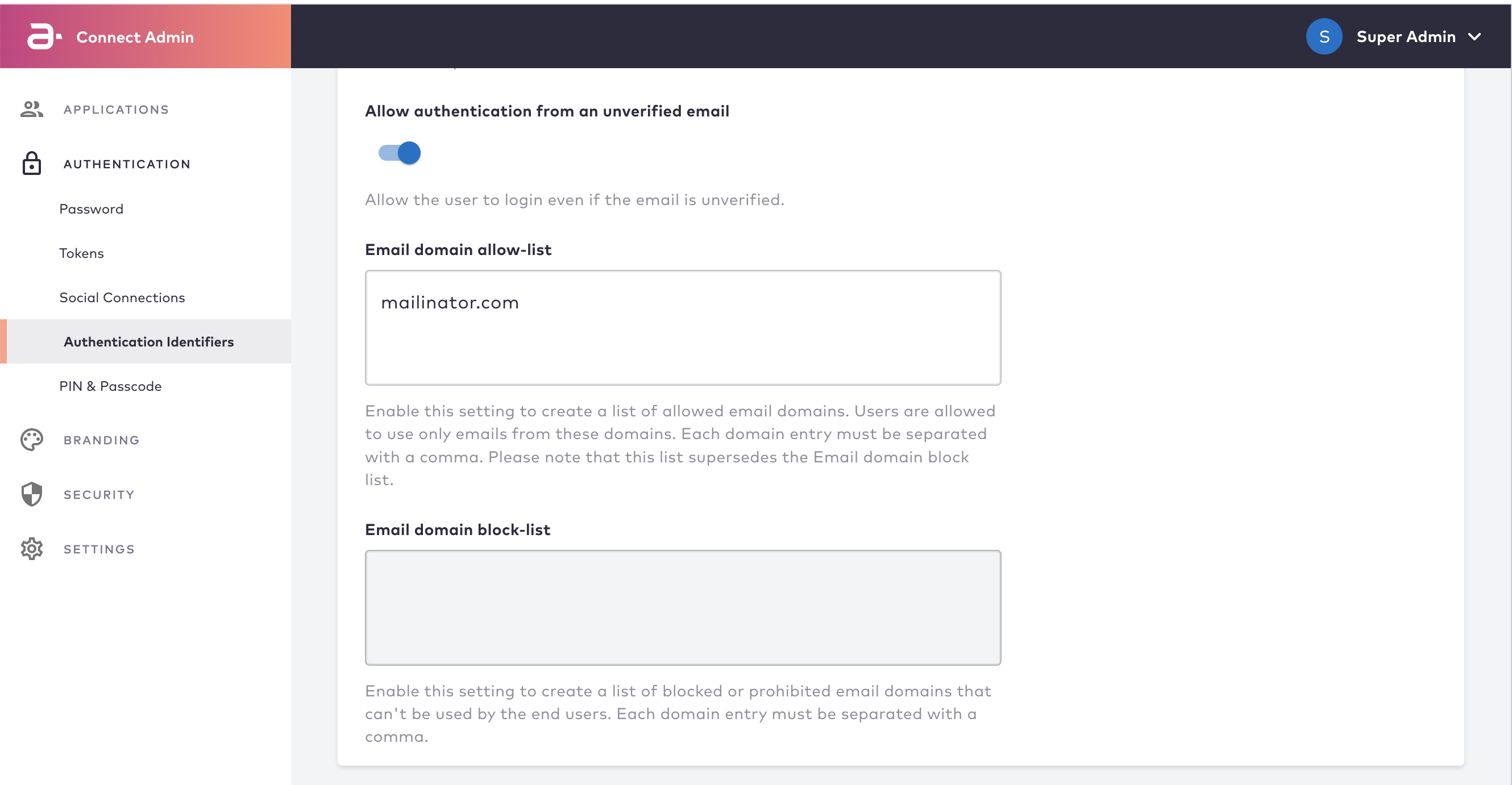 Email Domain Allow-list Configuration Page