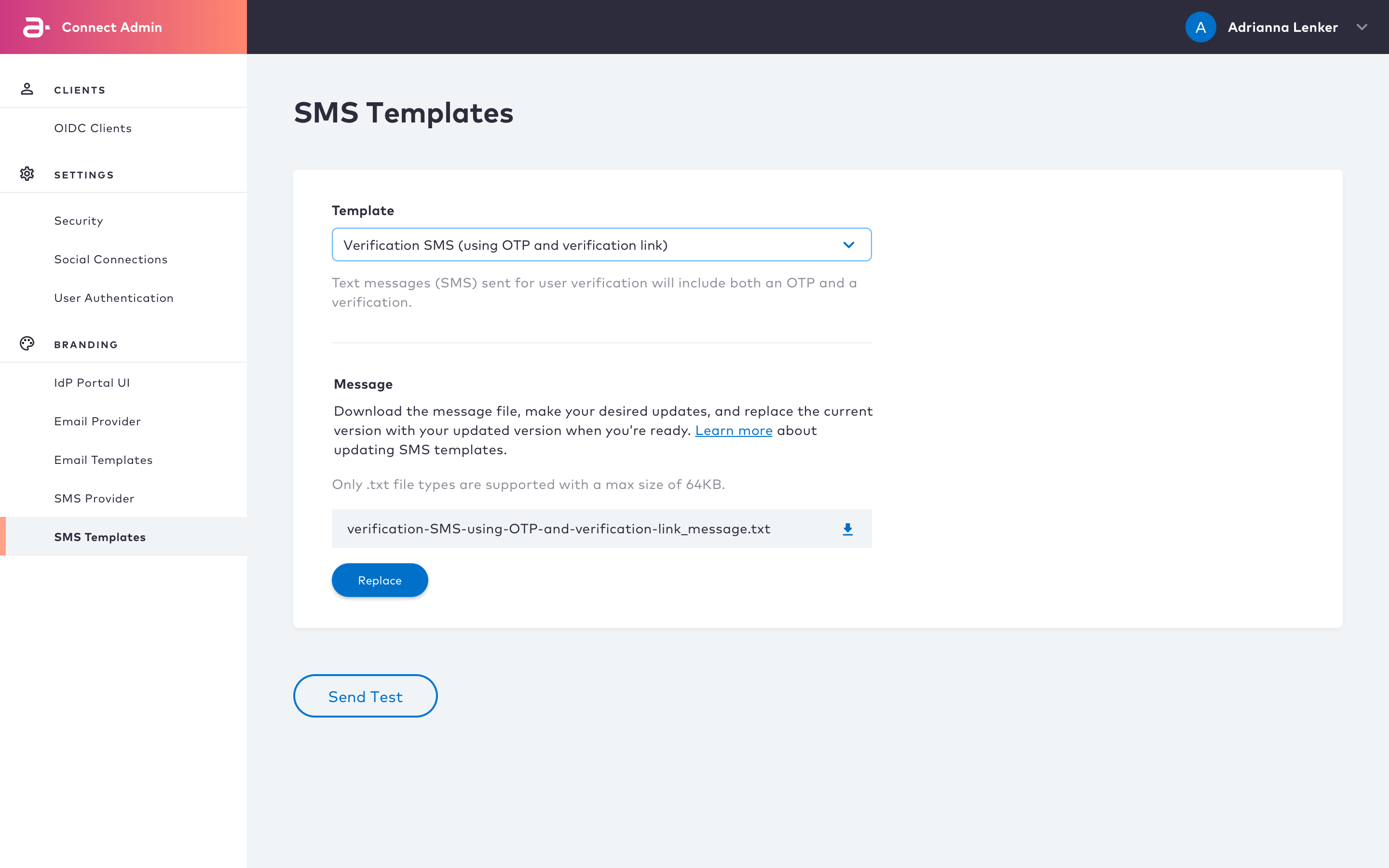 SMS Template configuration page