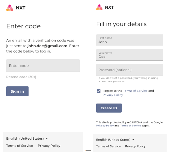 Authentication Sign in and Create ID onboarding pages using email address and OTP