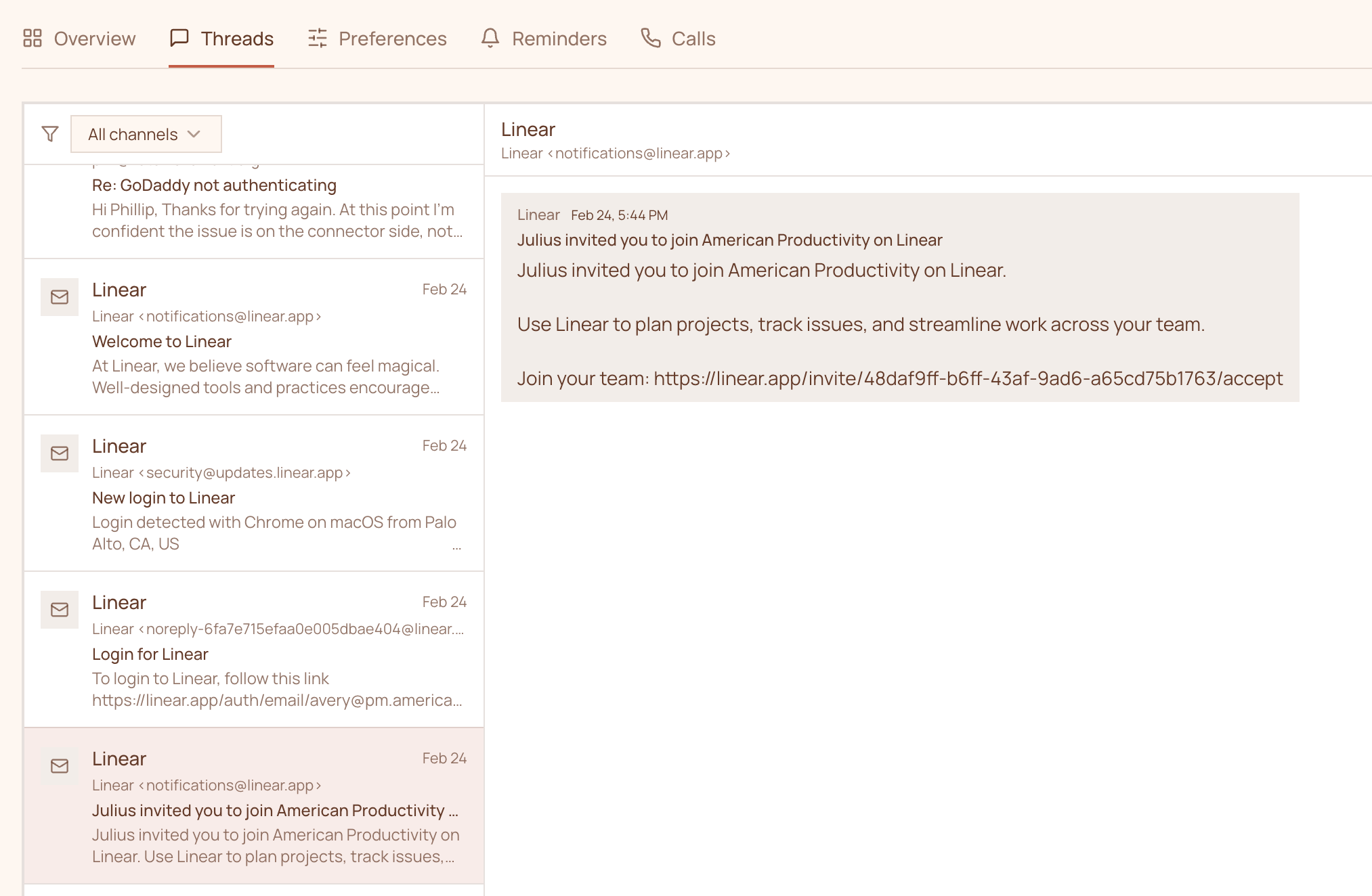Threads tab showing a sign-up verification email