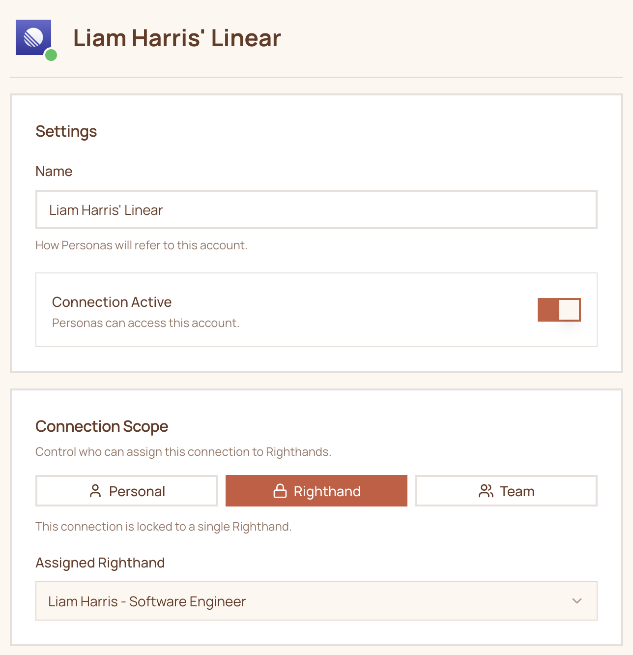 Connection scope settings showing Personal, Righthand, and Team options