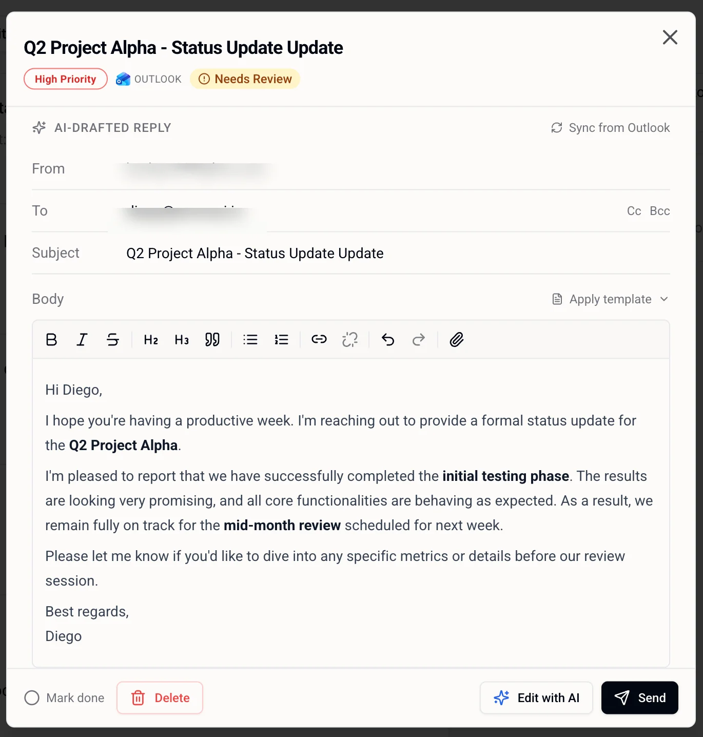 Email action item dialog