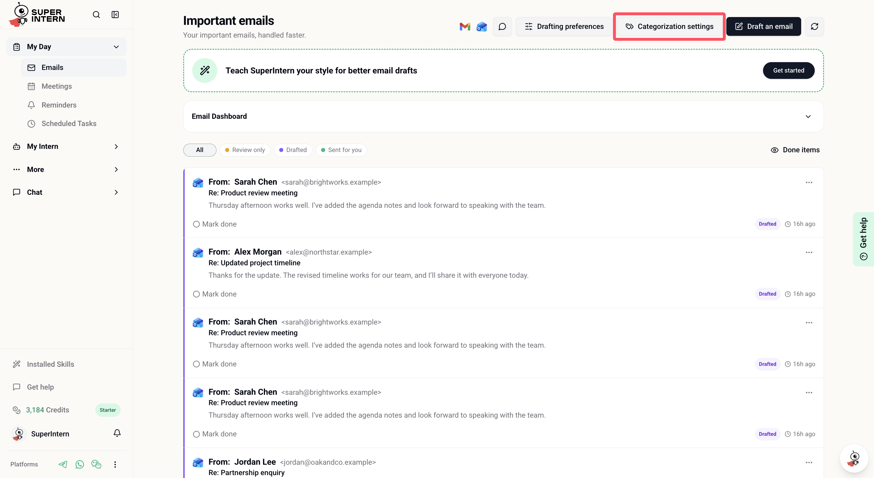 Open Email Categorization from My Day Emails by selecting Categorization settings