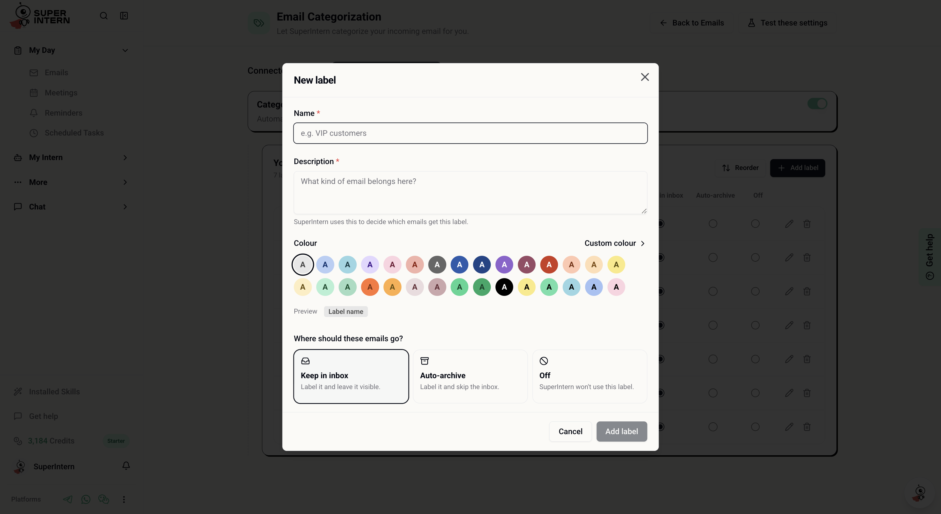 Create a label with a name, description, colour, preview, and inbox action