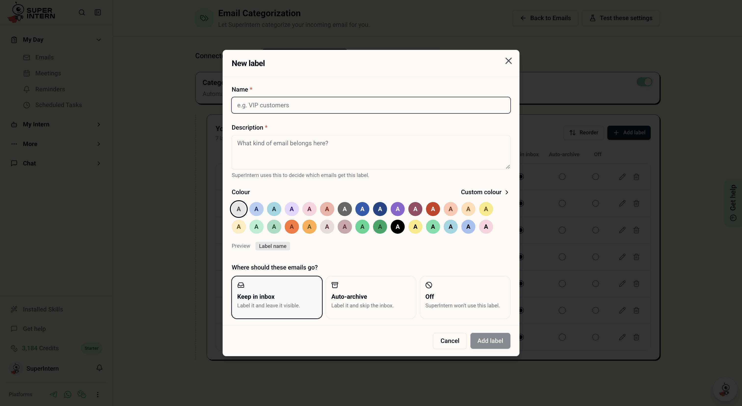 Create a label with a name, description, colour, preview, and inbox action