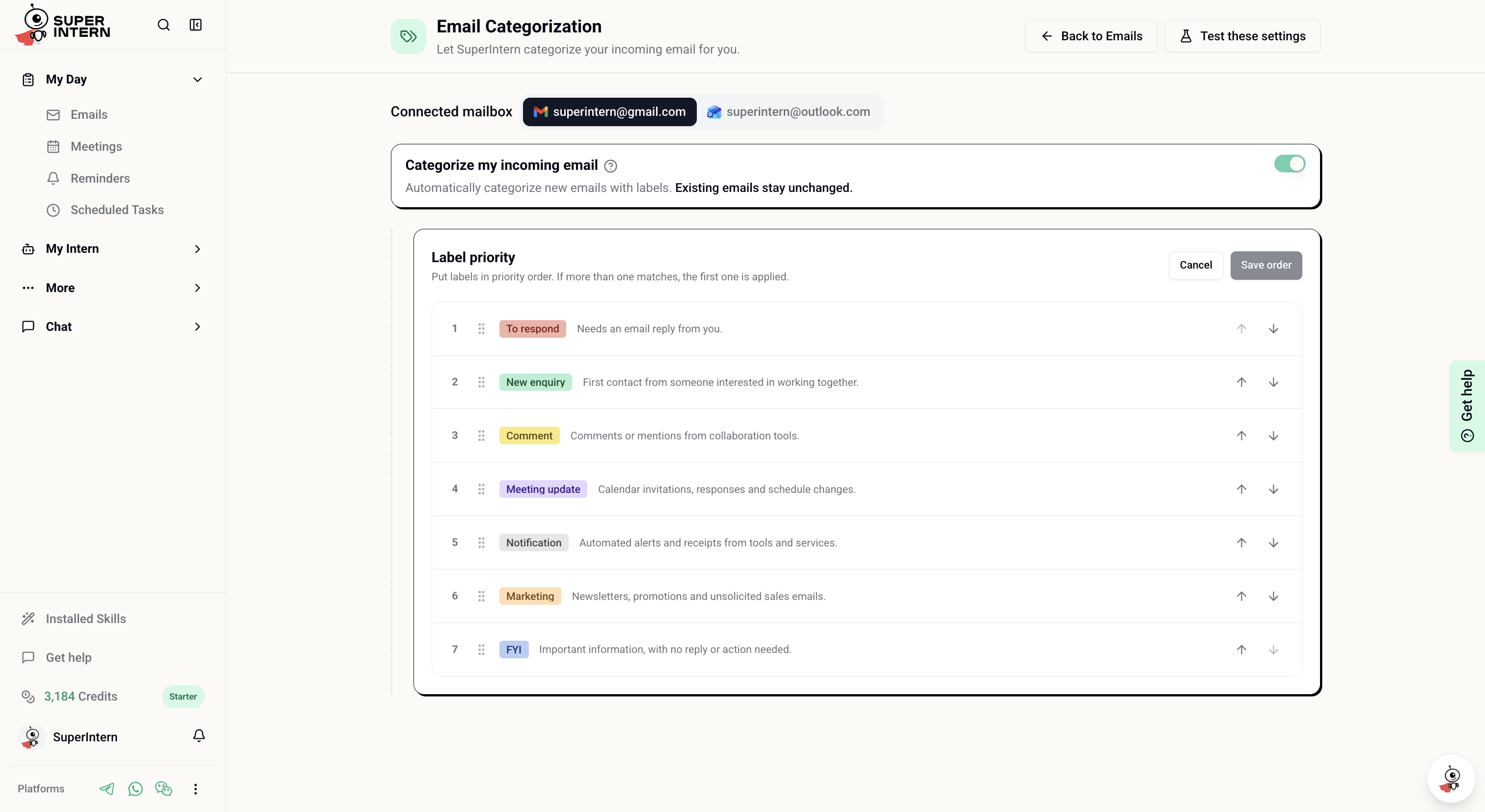 Put labels in priority order using drag handles or the move up and down controls