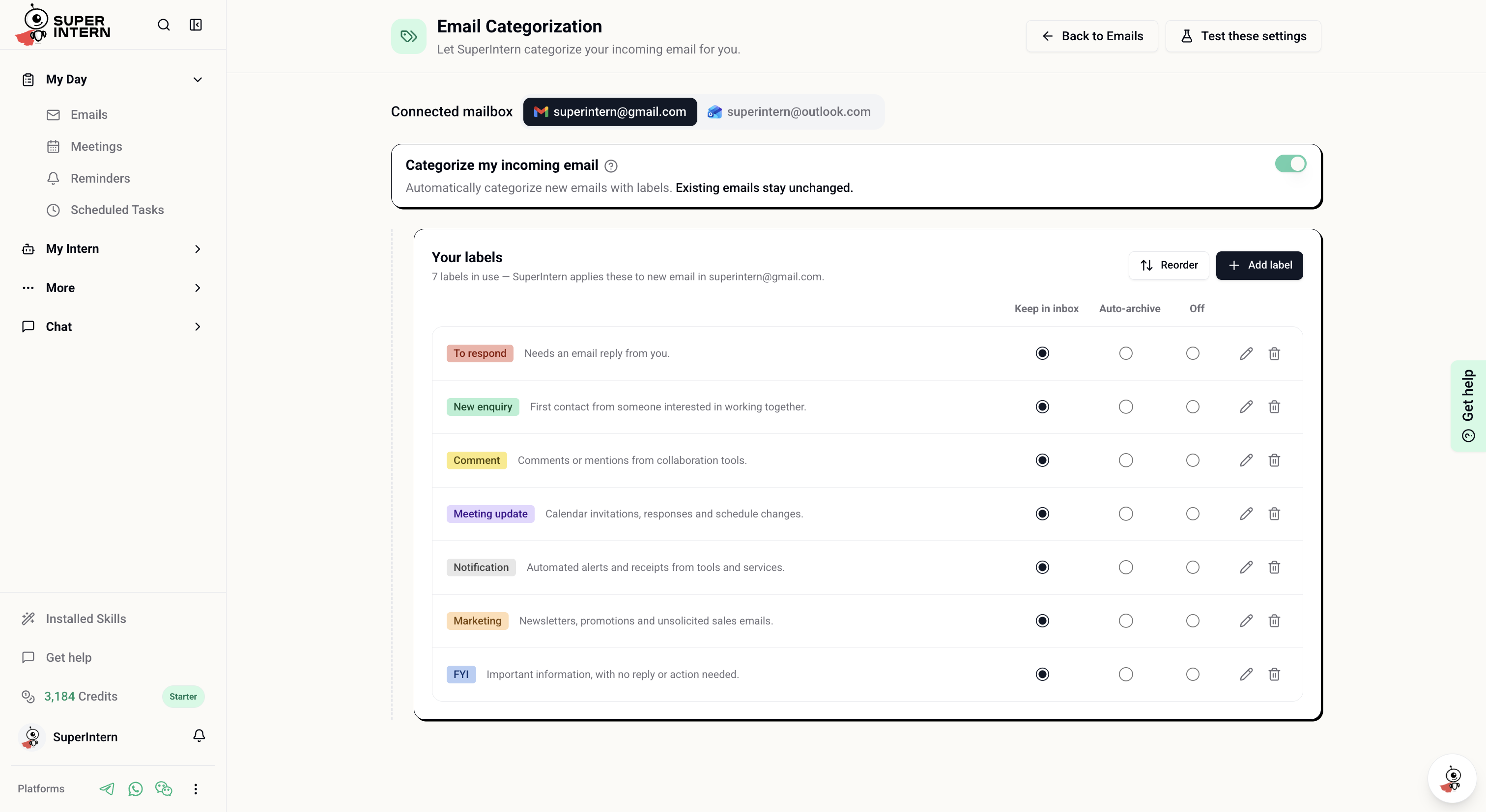 Email Categorization settings with connected mailboxes, the enabled toggle, and label inbox actions