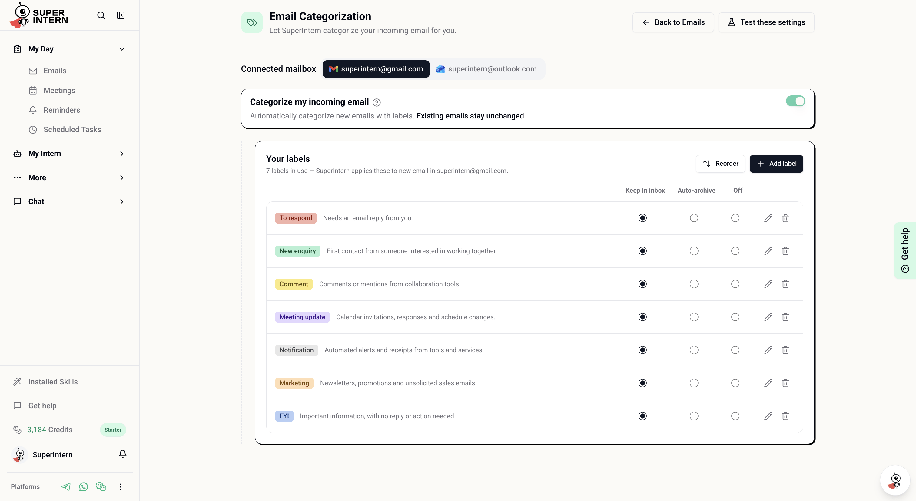 Email Categorization settings with connected mailboxes, the enabled toggle, and label inbox actions