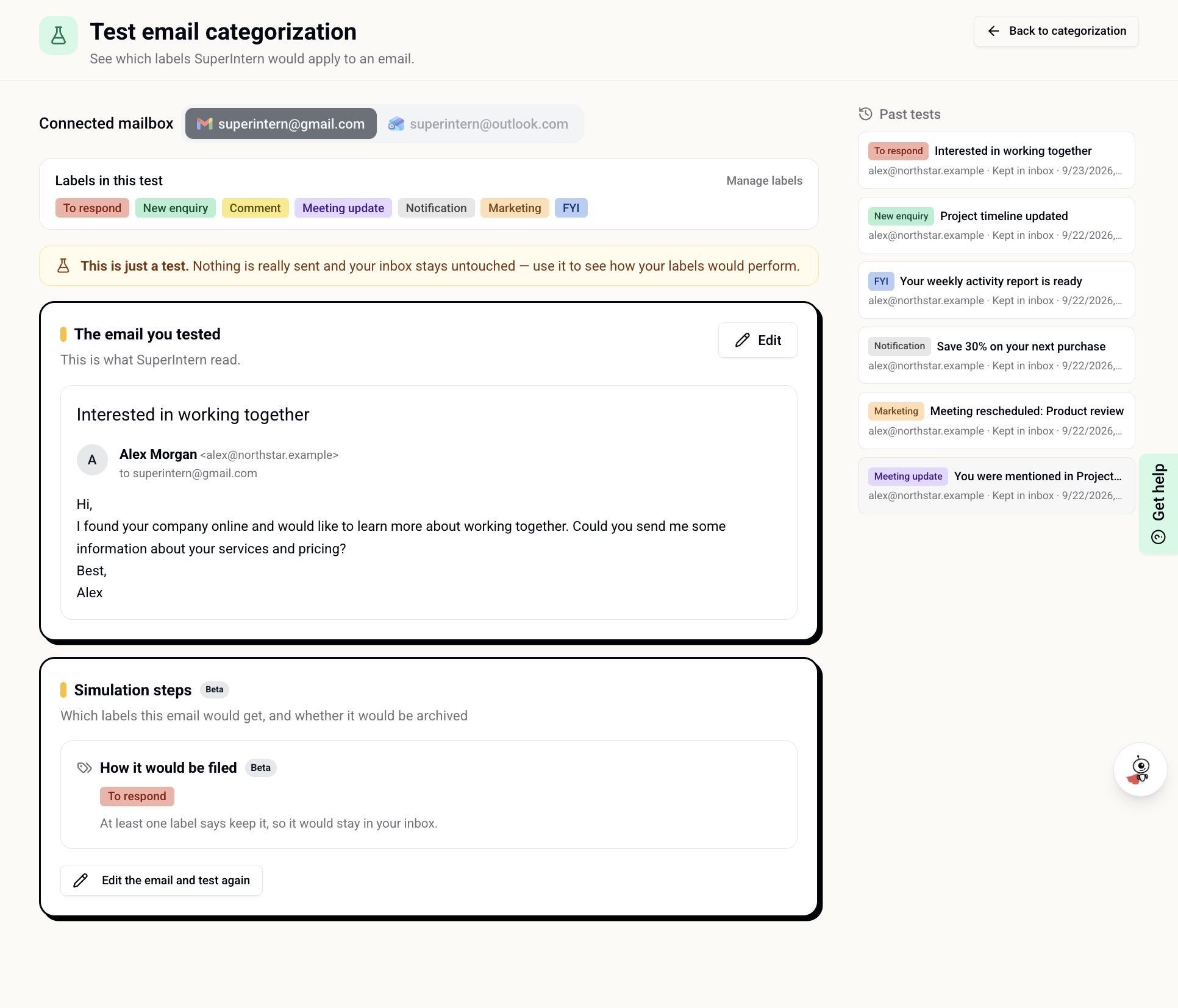 Test an example email and review the applied label, inbox action, and past categorization tests