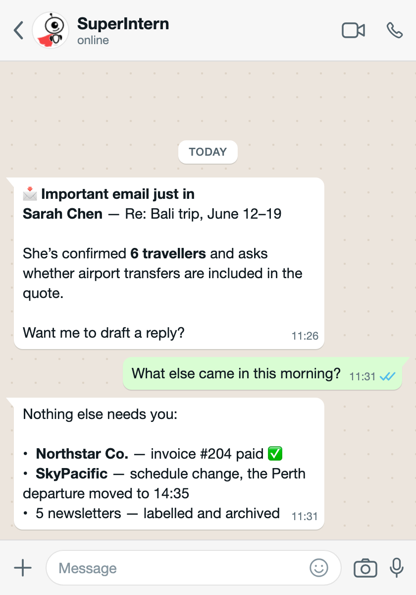 SuperIntern proactively alerts the user on WhatsApp about an important client email, then answers a question about the rest of the morning's mail