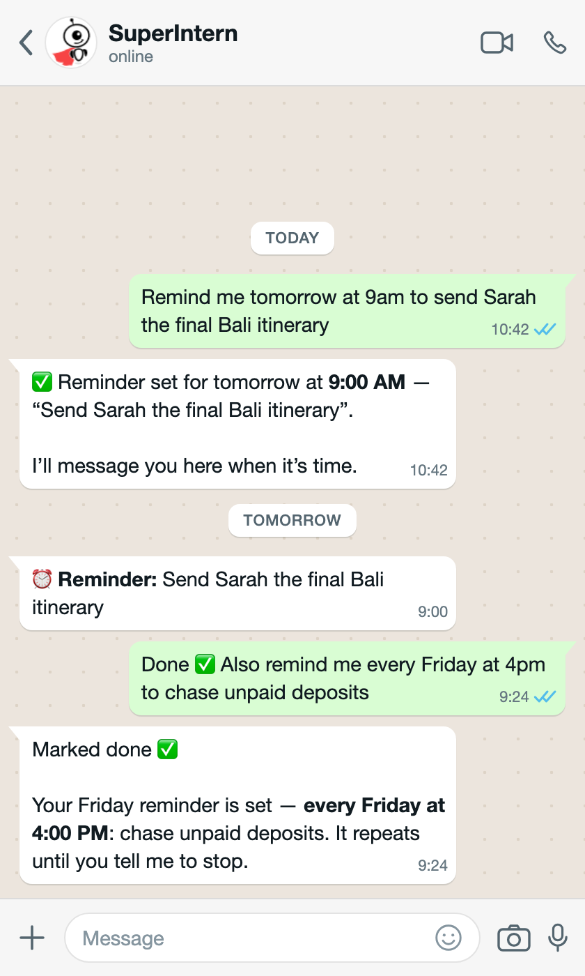 A WhatsApp chat where a user sets a one-time and a recurring reminder, and SuperIntern delivers the reminder the next morning