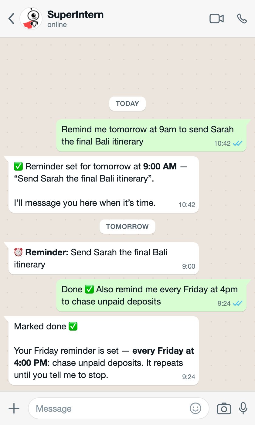 A WhatsApp chat where a user sets a one-time and a recurring reminder, and SuperIntern delivers the reminder the next morning