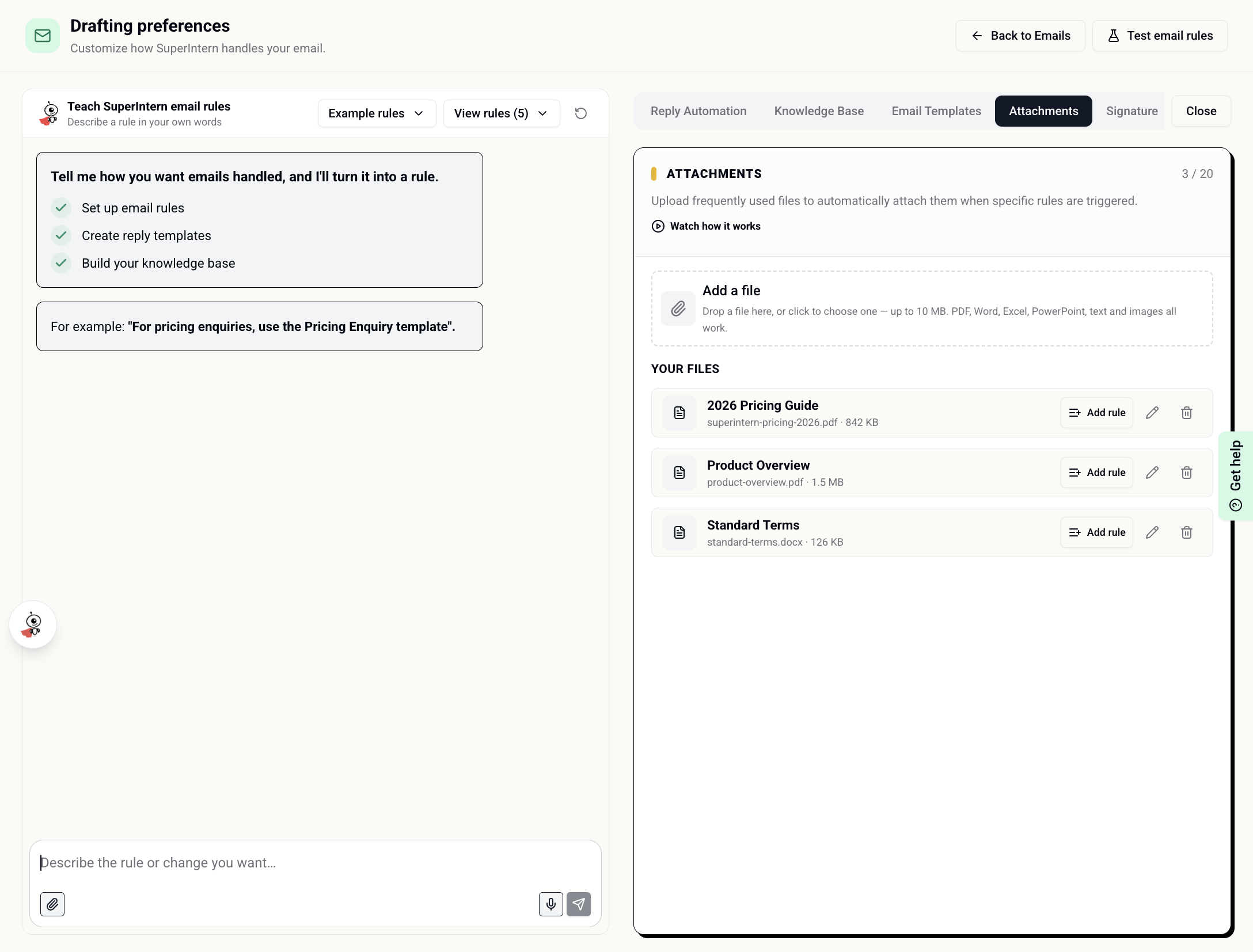 Upload and manage reusable email attachments, then add rules for when to include them