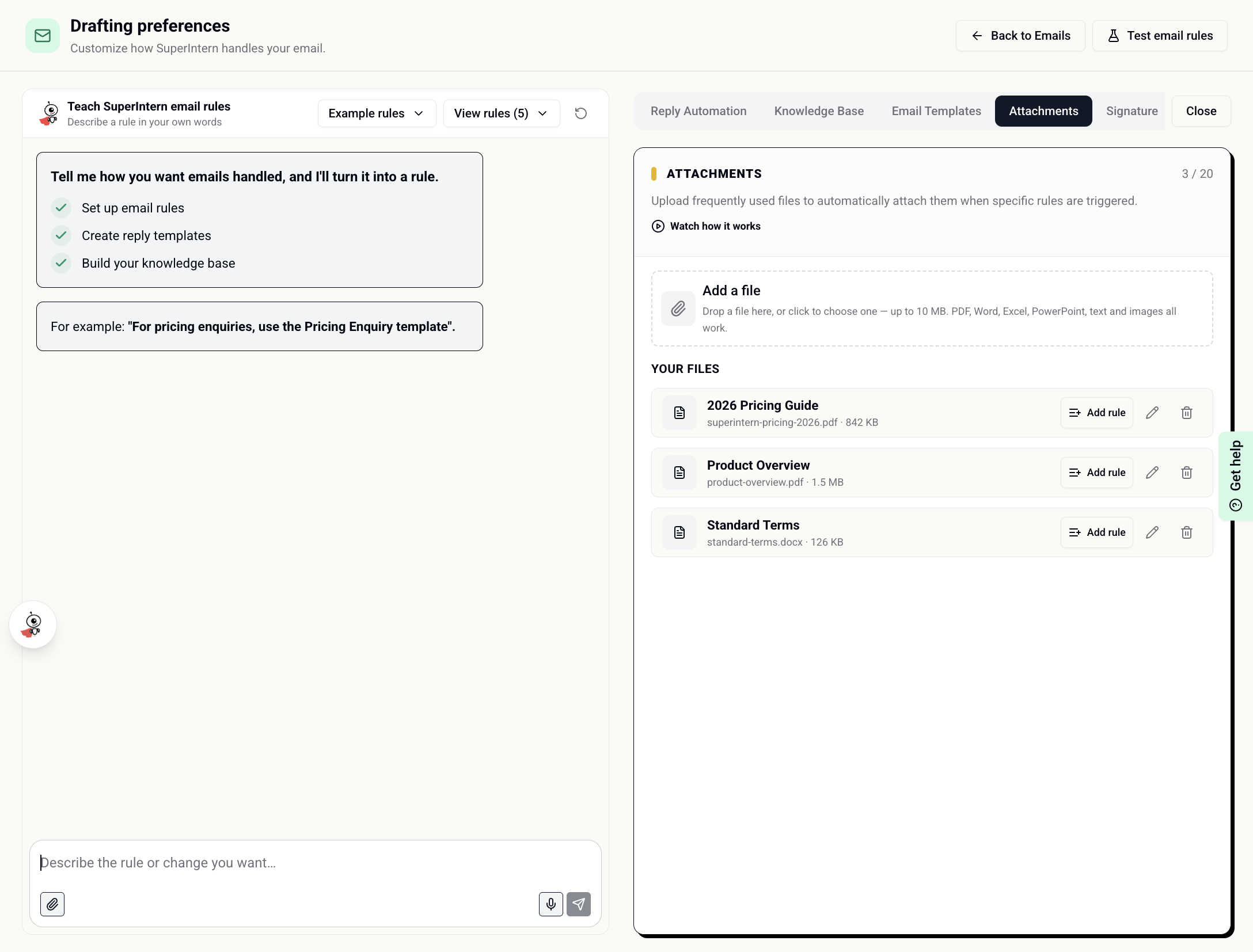Upload and manage reusable email attachments, then add rules for when to include them