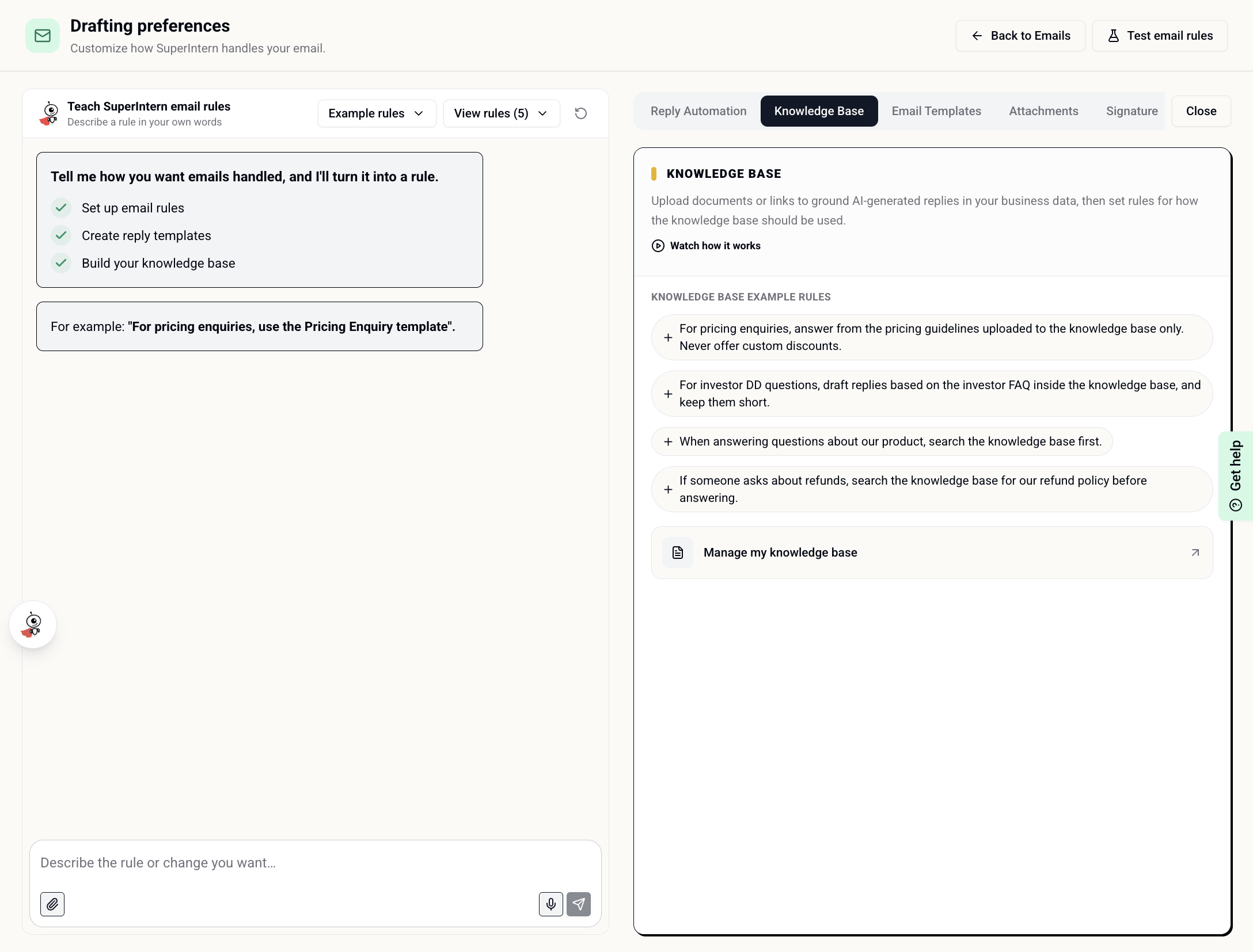 Use Knowledge Base example rules and open the main knowledge library
