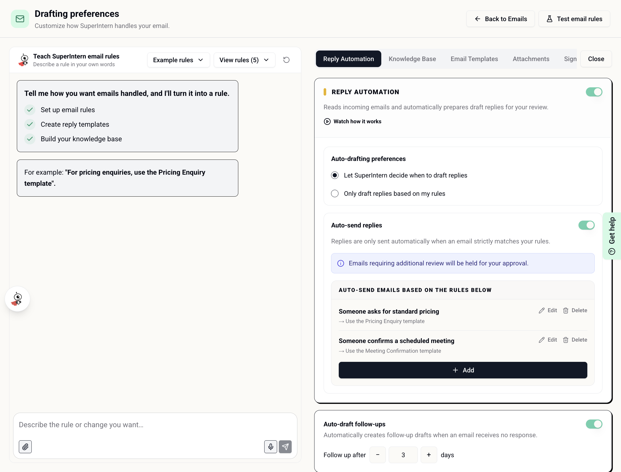 Configure automatic drafting, sending, and follow-ups in Reply Automation