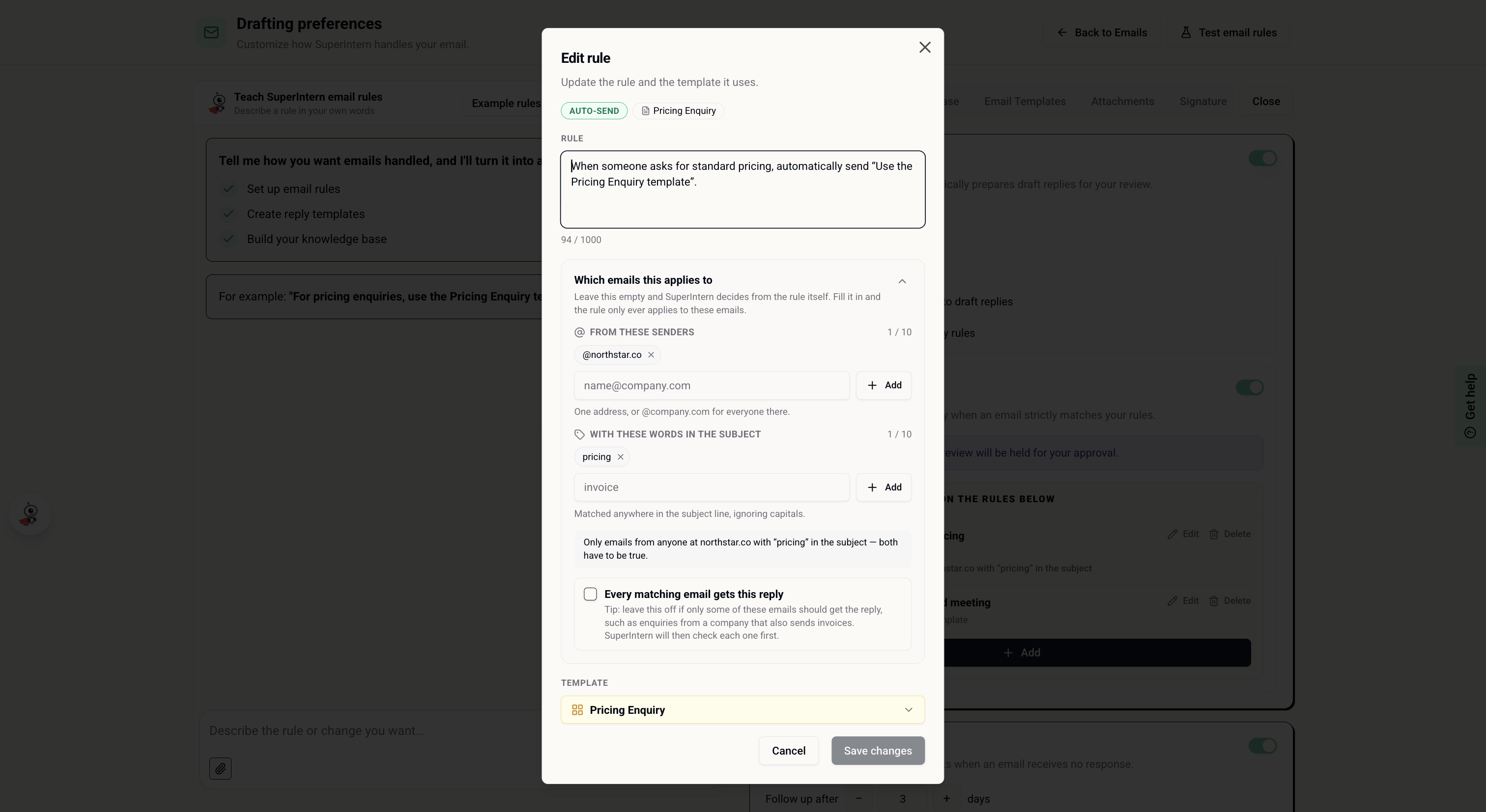 Limit an email rule by sender and subject, then associate it with a template