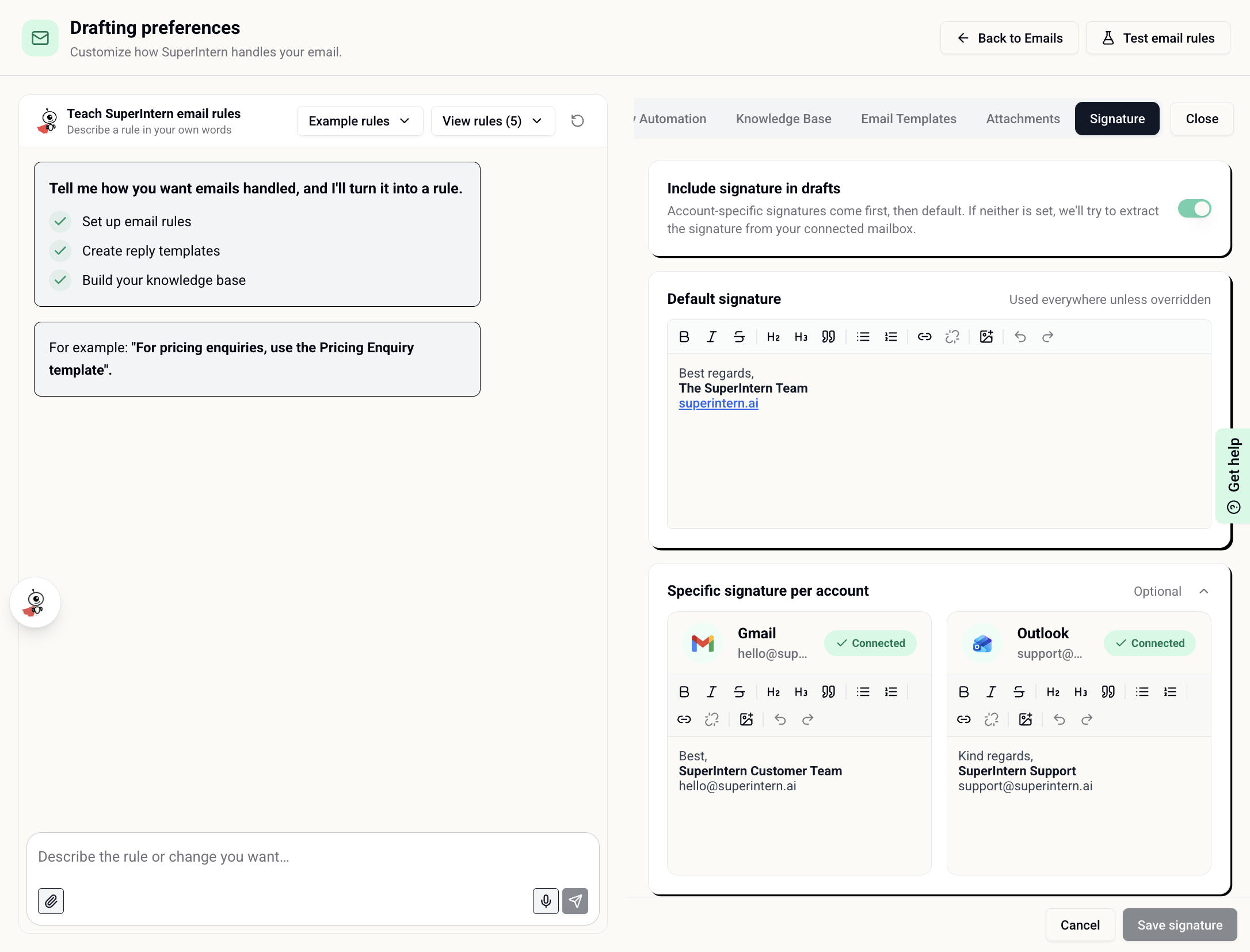 Set a default email signature and optional Gmail and Outlook overrides