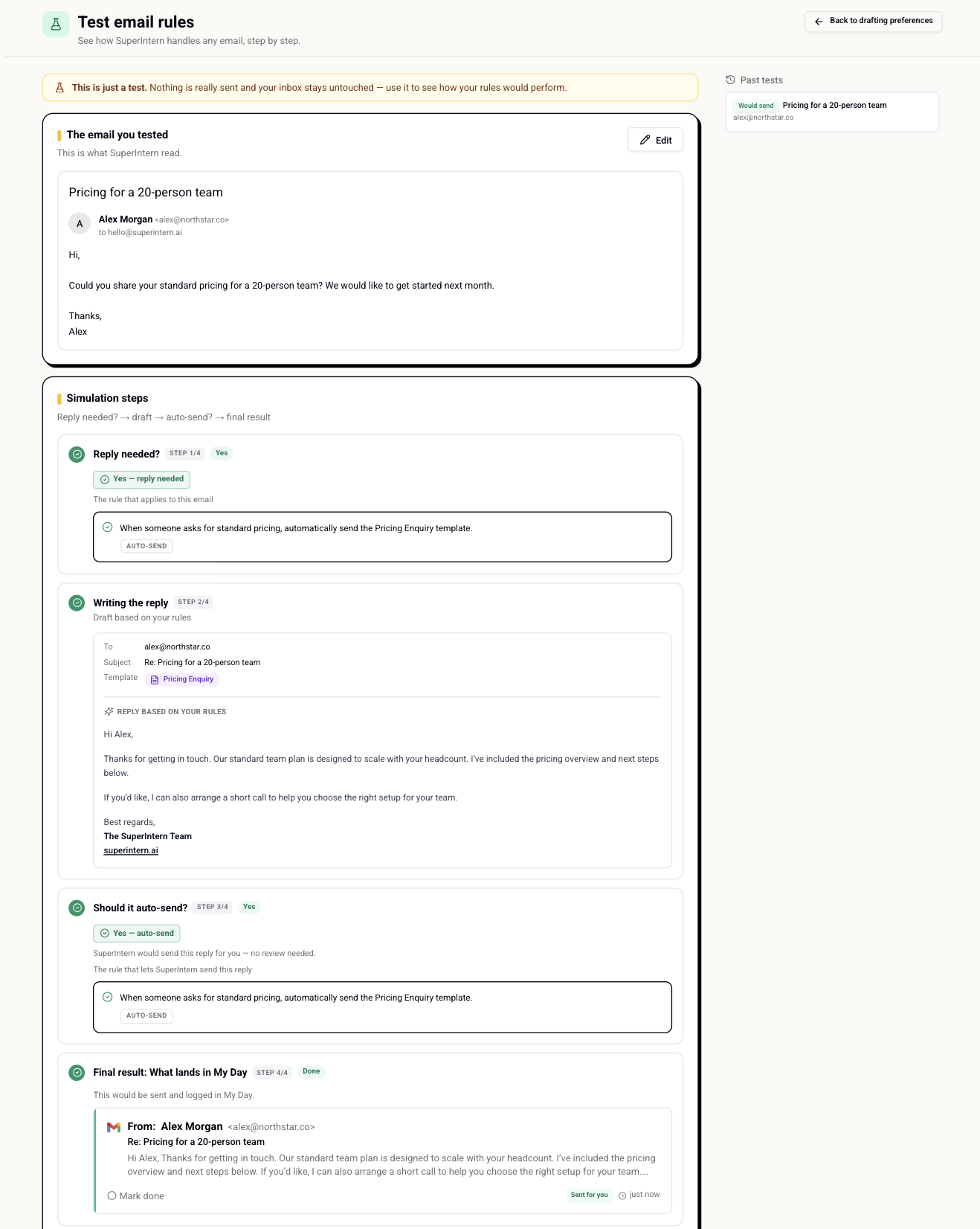 Test an incoming pricing enquiry and review the reply, matching rule, auto-send decision, and final My Day result