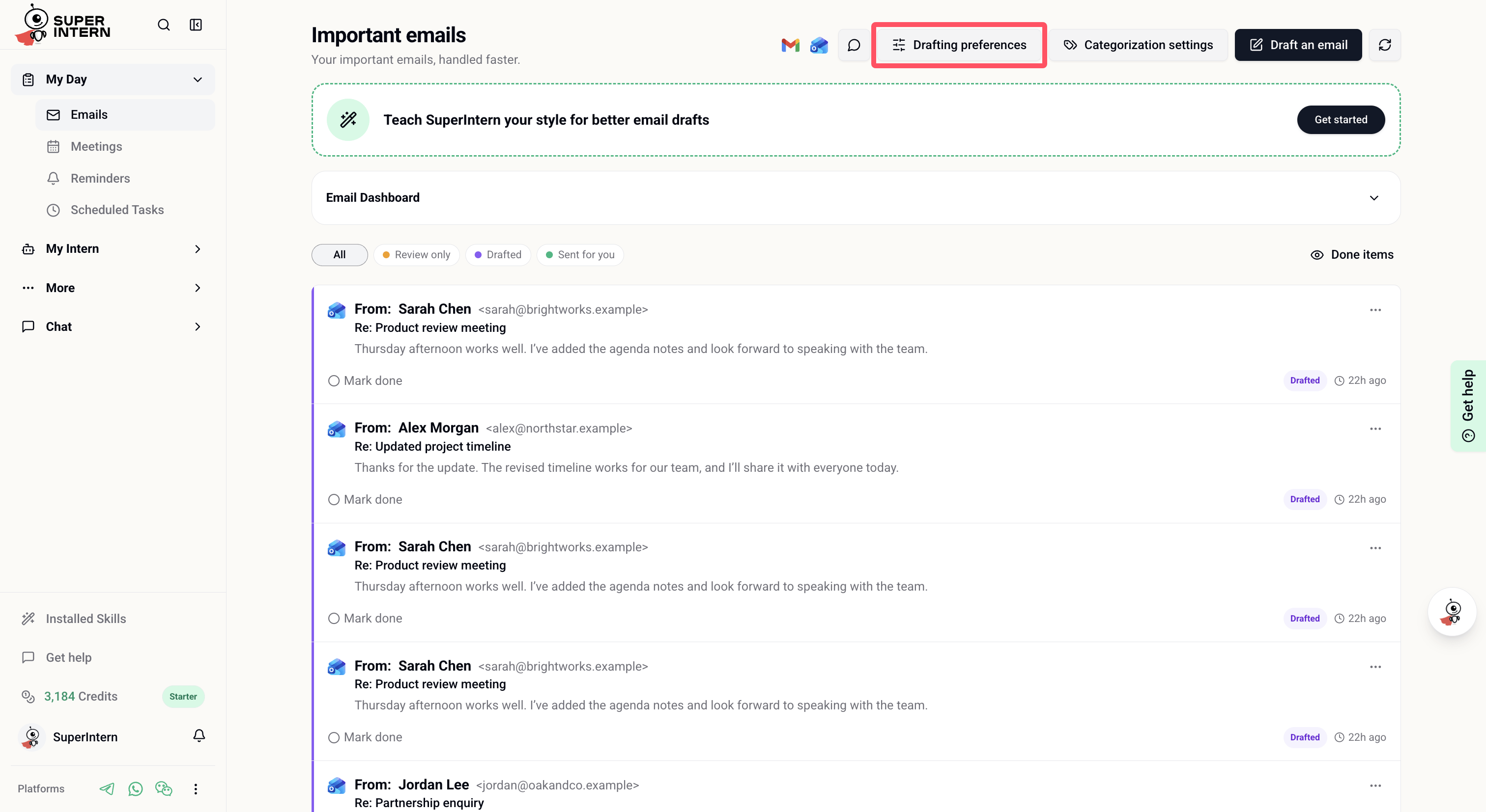 Open Drafting Preferences from the Emails view