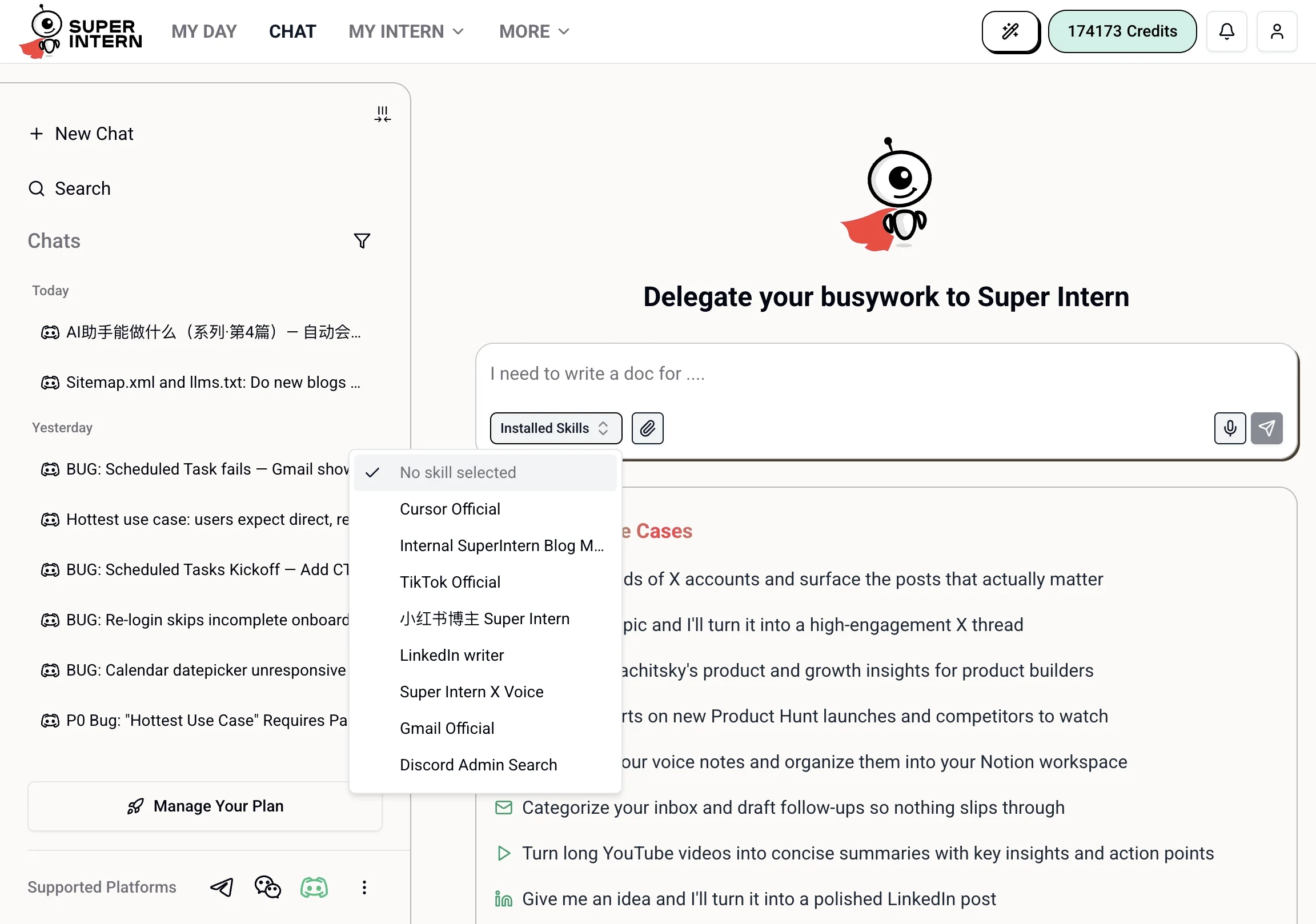 The Installed Skills selector in the chat input, listing installed skills to choose from