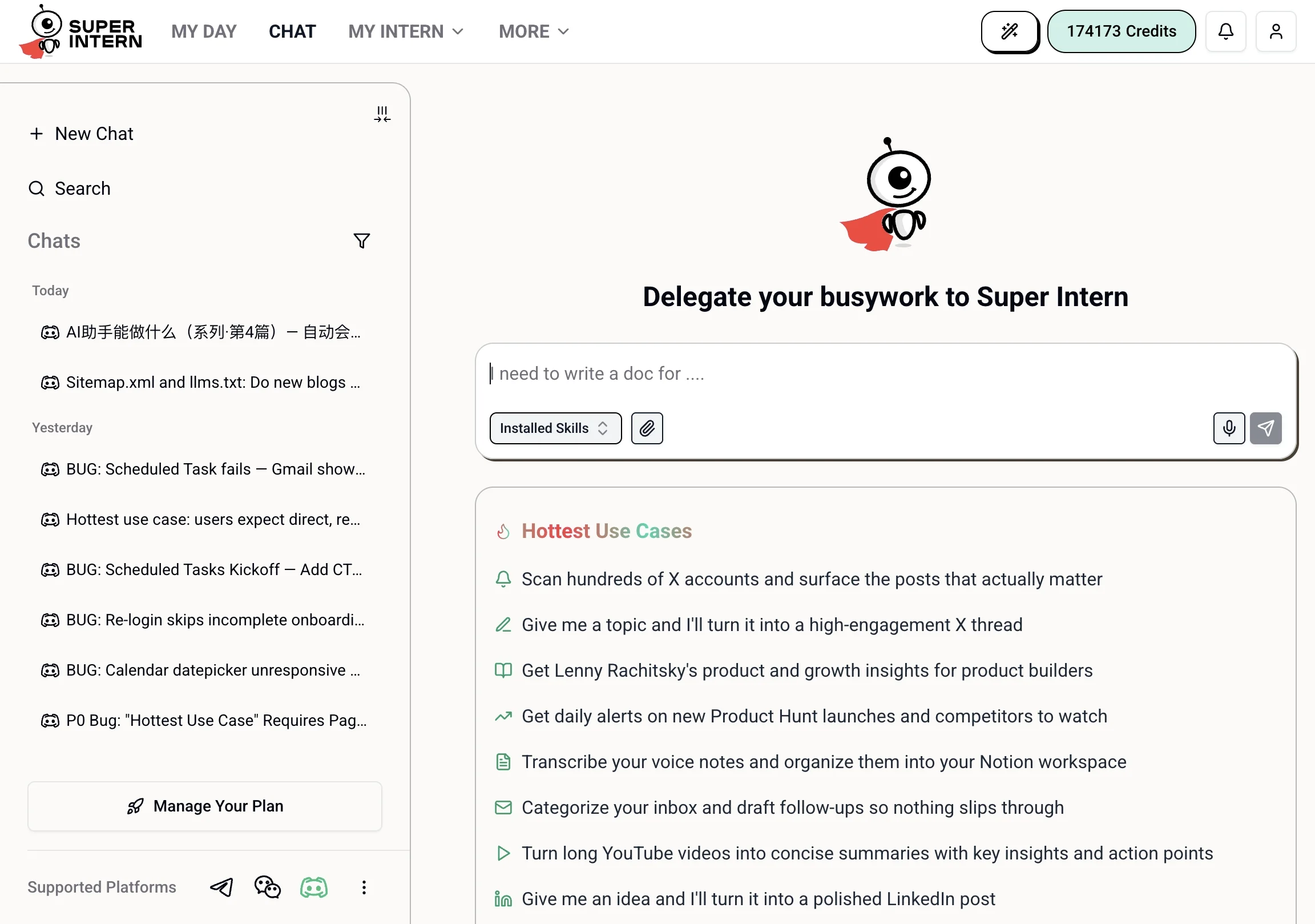 The chat page with the conversation sidebar on the left and a new chat with example prompts on the right