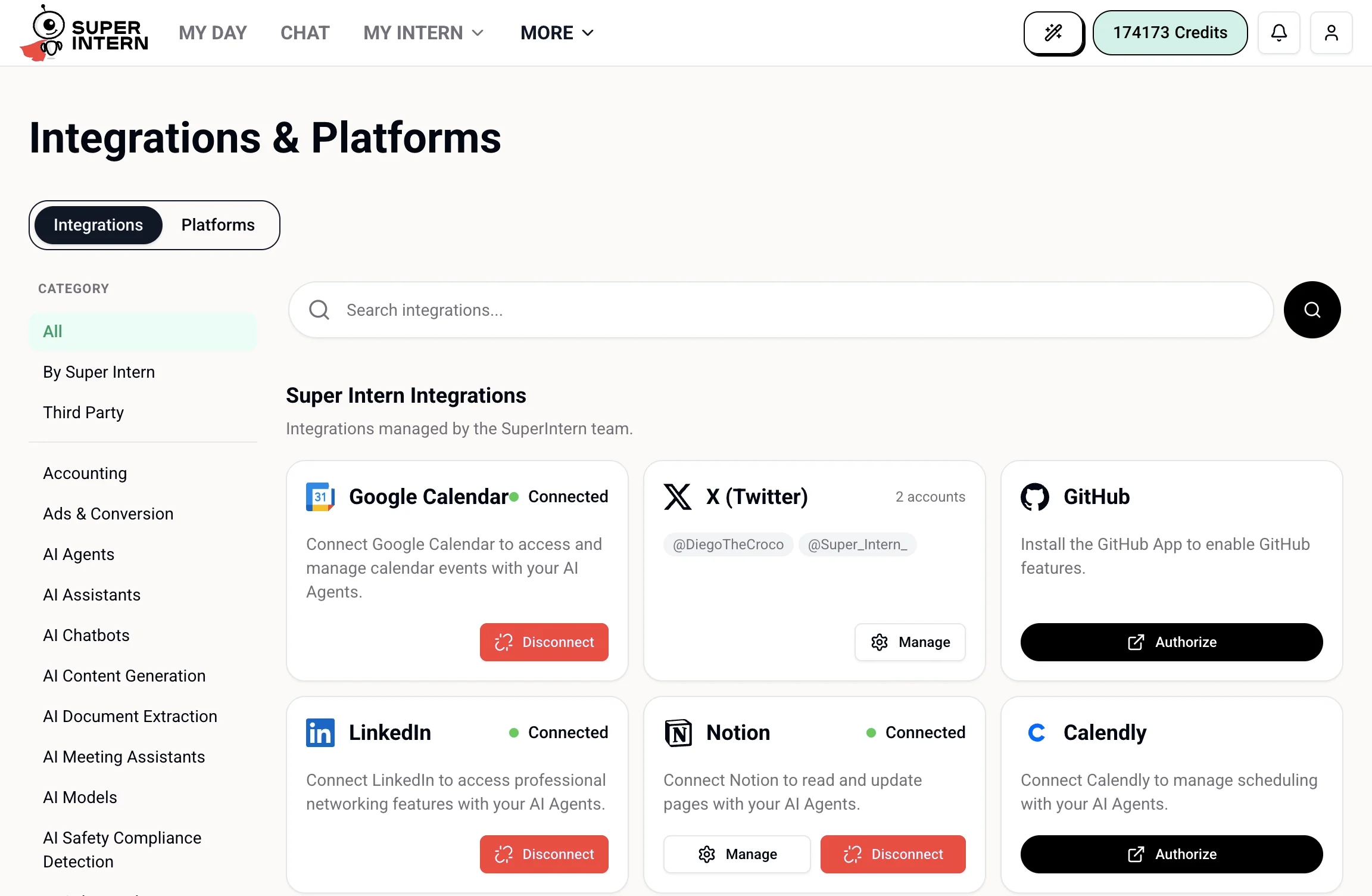 The Integrations tab showing the category sidebar, search, and Super Intern integration cards