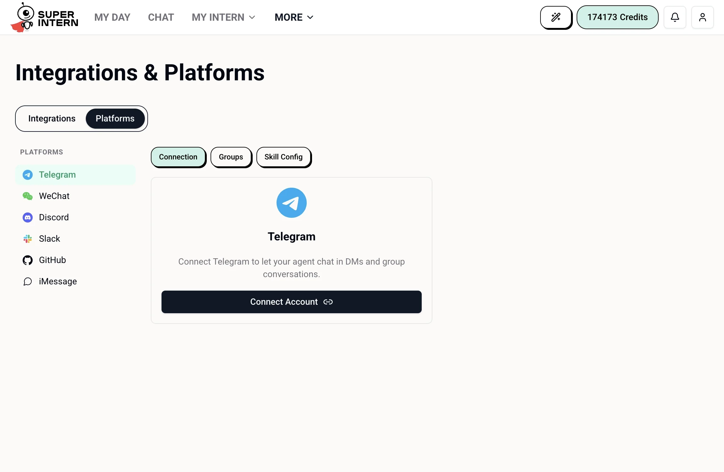 The Platforms tab with Telegram selected, showing the Connect Account flow