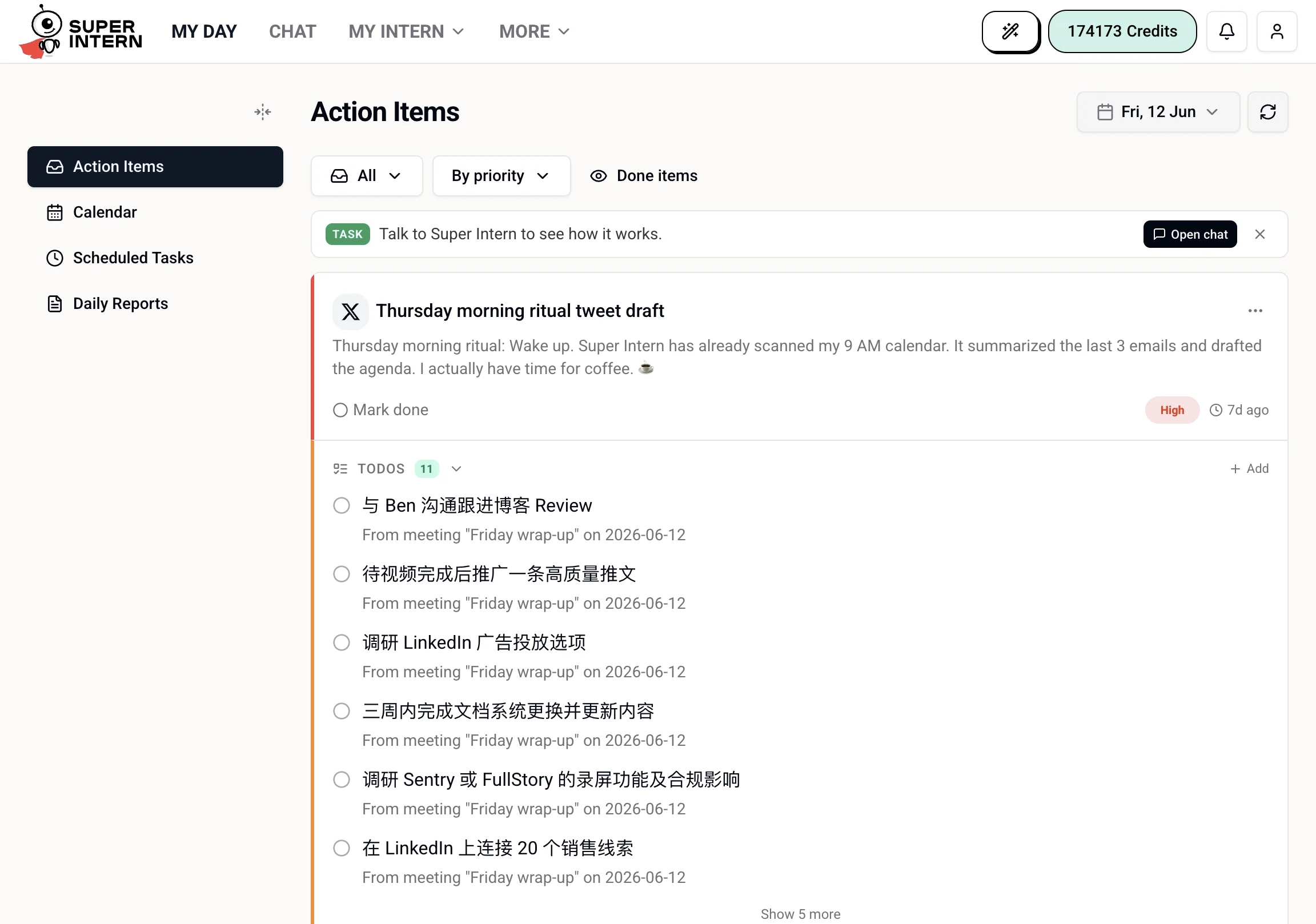 The Action Items tab showing drafts and todos