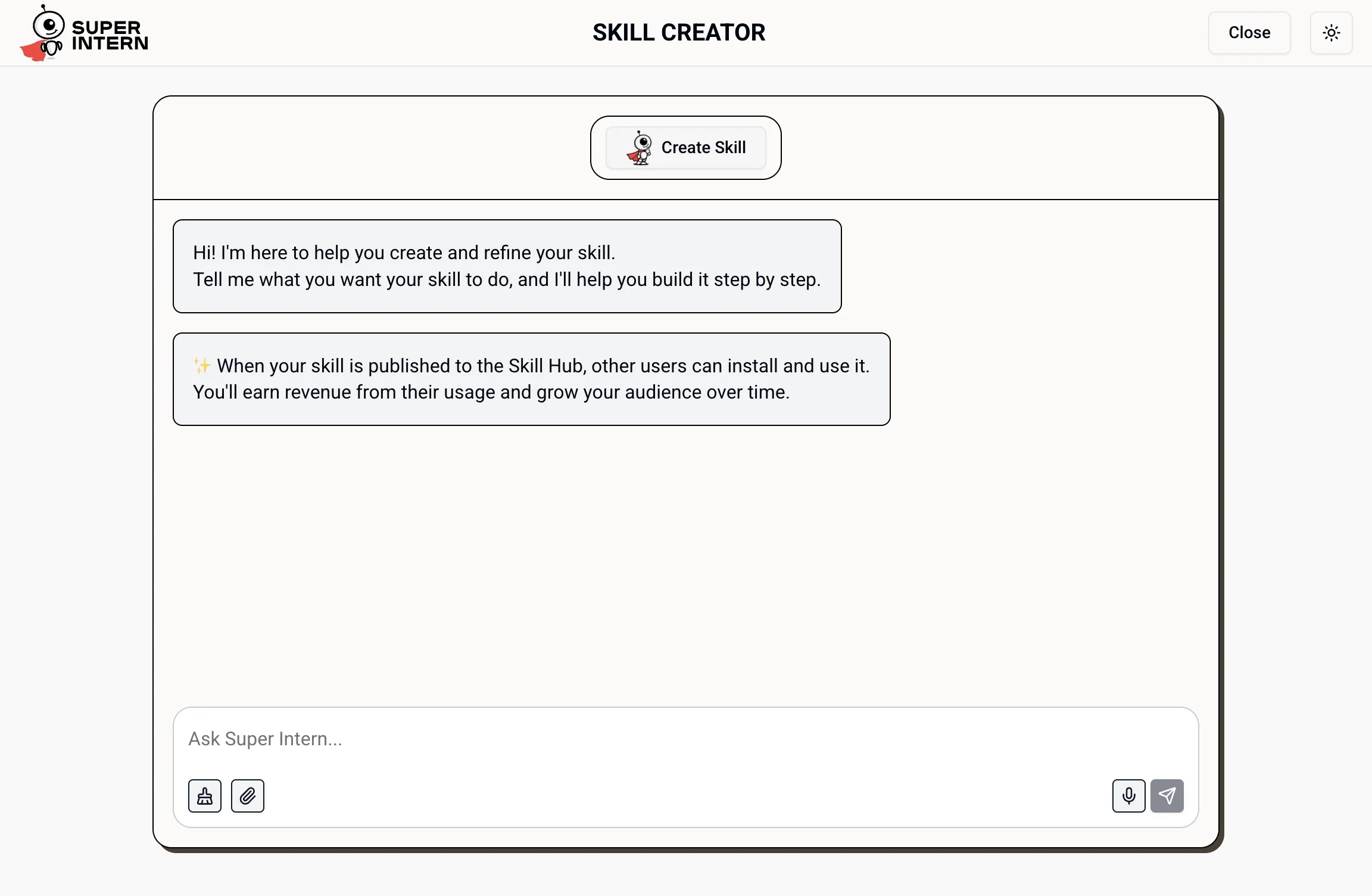 The Skill Creator chat for building a new skill