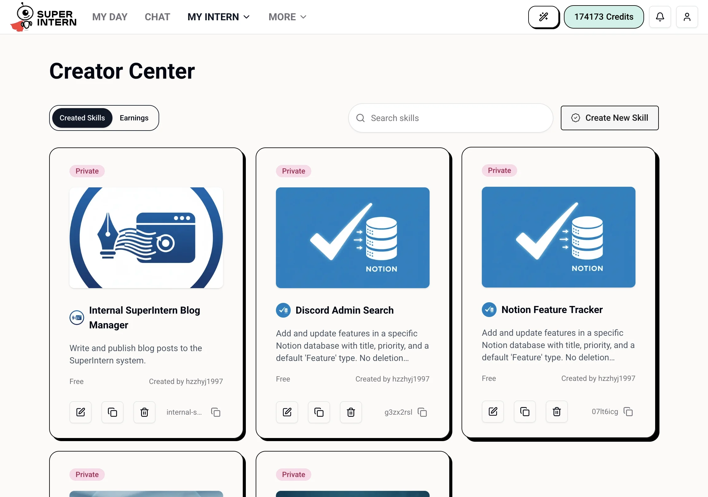 The Creator Center listing your created skills