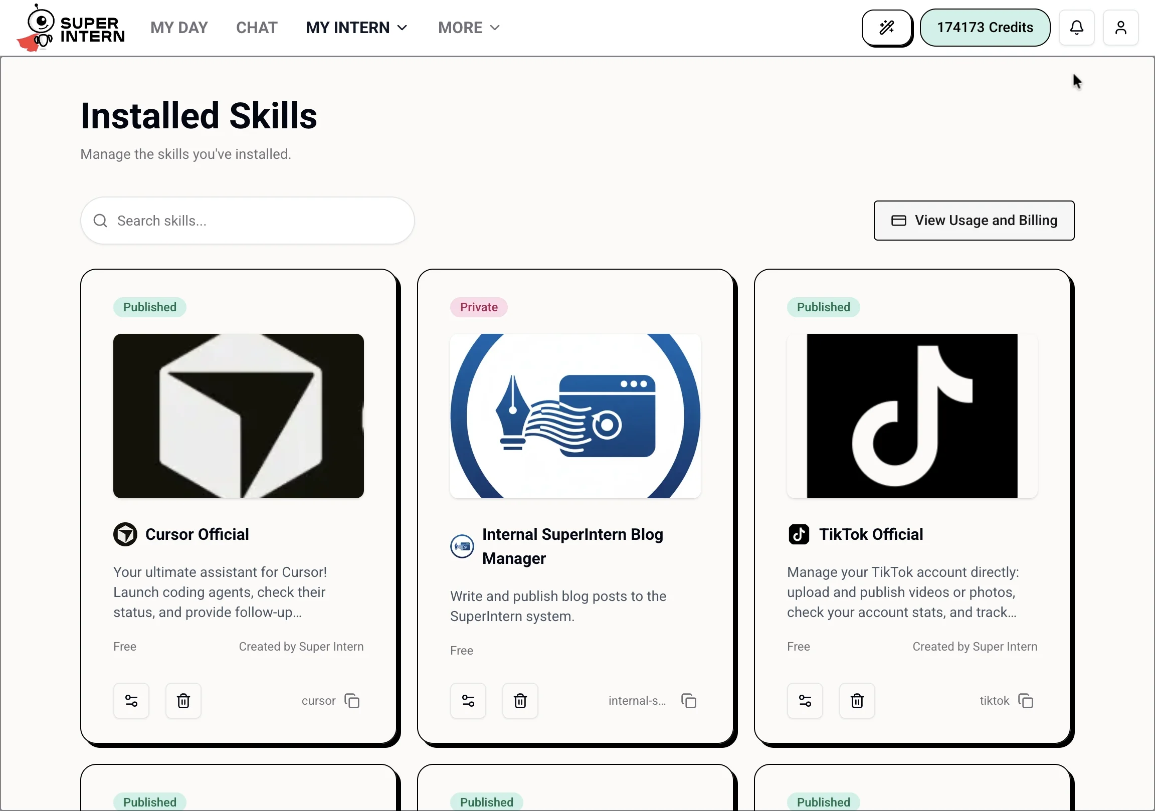The Installed Skills page for managing your skills