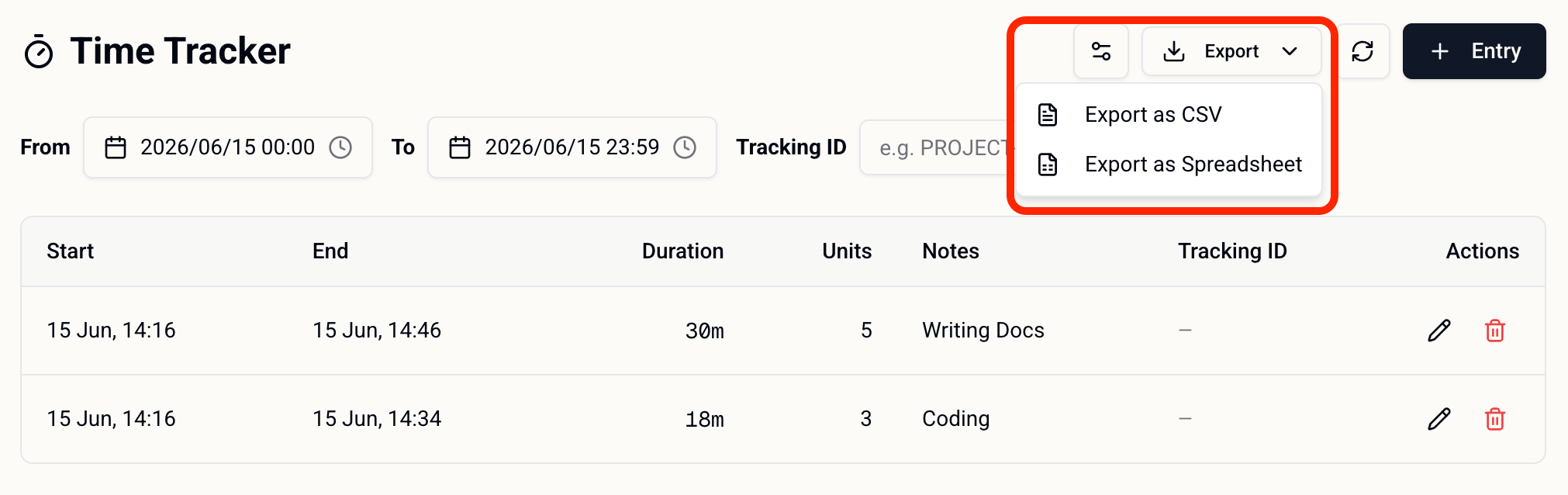 Exporting tracked time to CSV