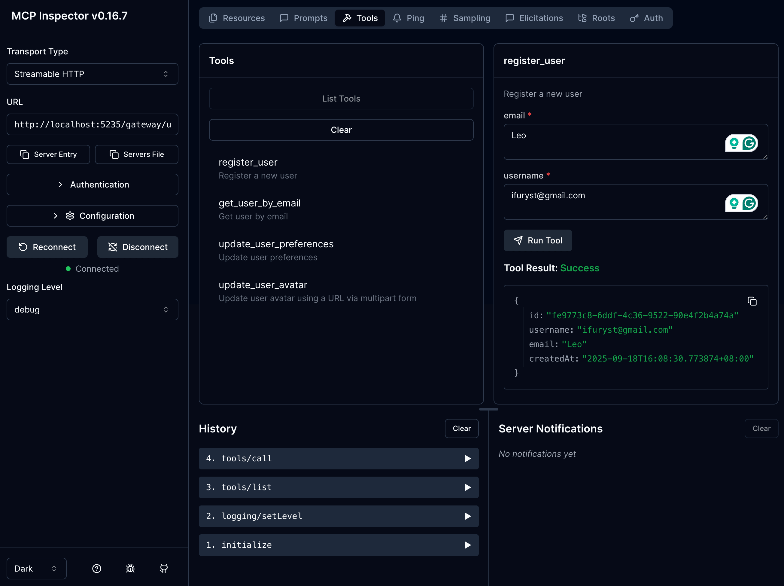 Client request example (dark)
