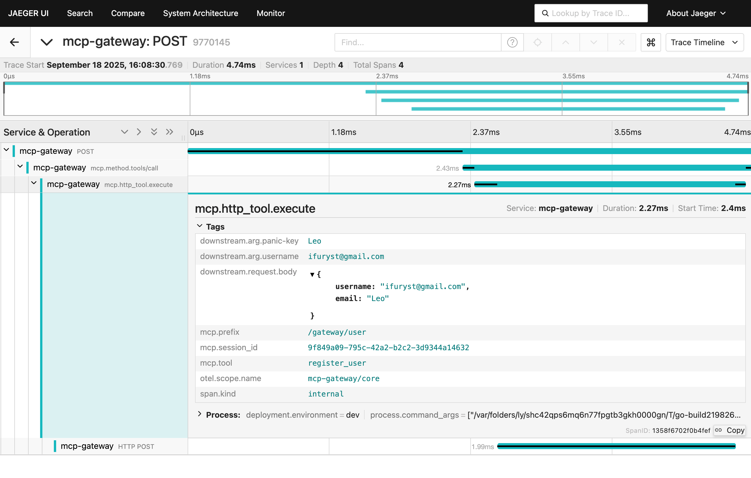 Jaeger UI – trace result overview
