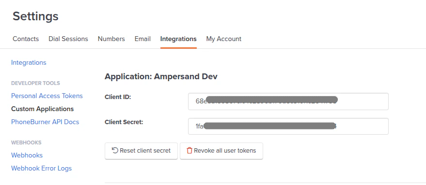 PhoneBurner App Credentials