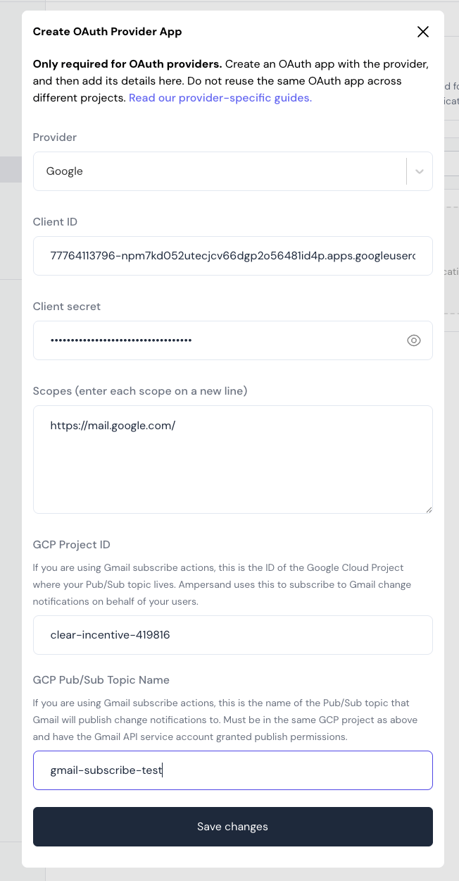 Google provider app Gmail subscribe fields