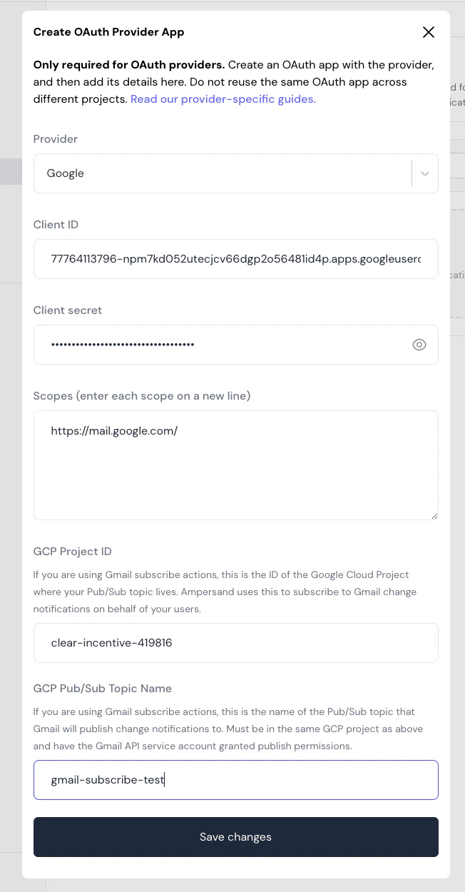 Google provider app Gmail subscribe fields