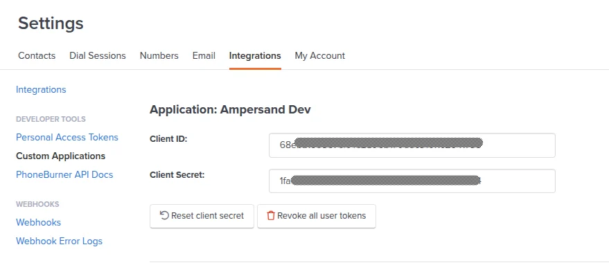 PhoneBurner App Credentials