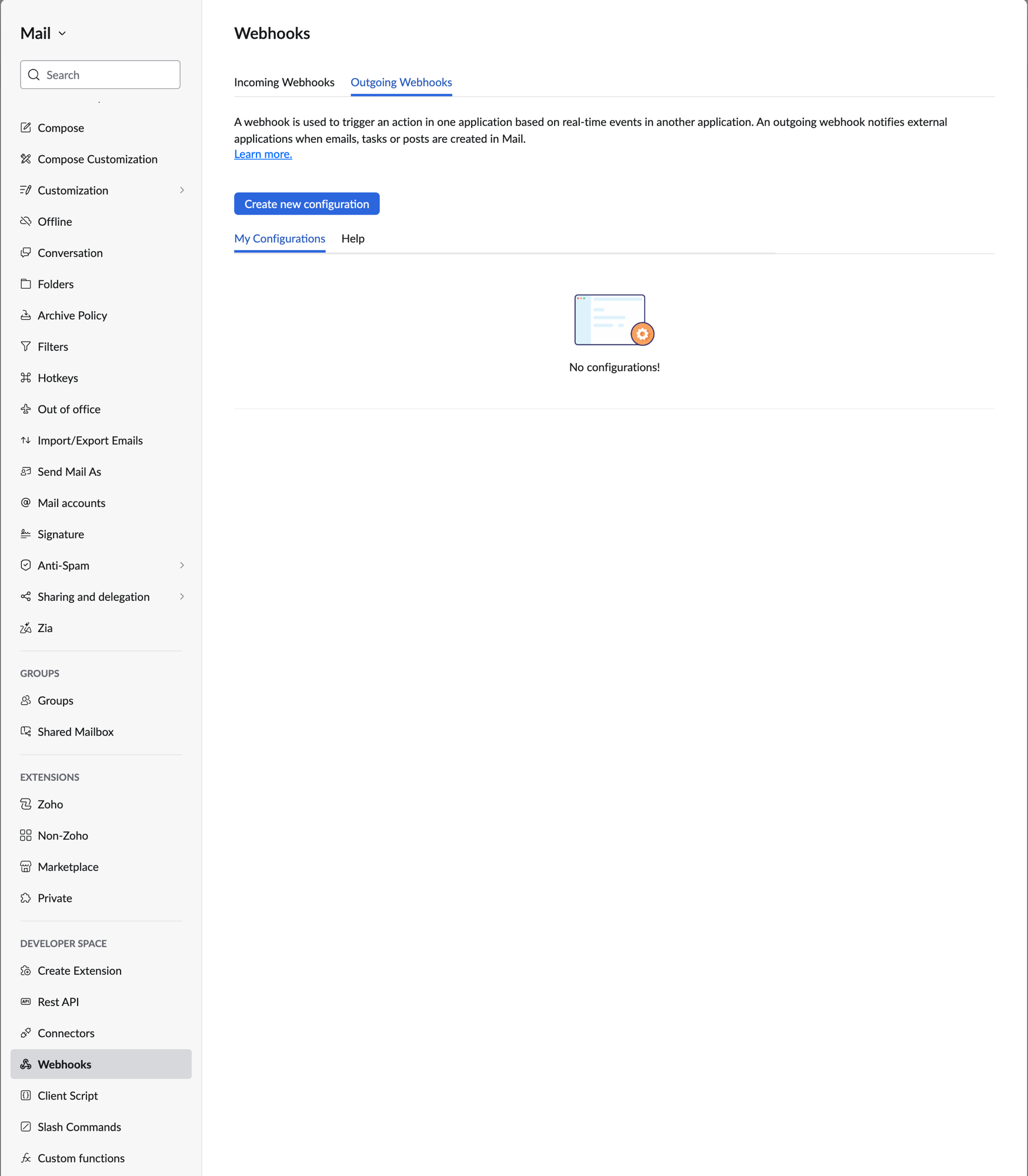 Outgoing Webhooks in Zoho Mail settings
